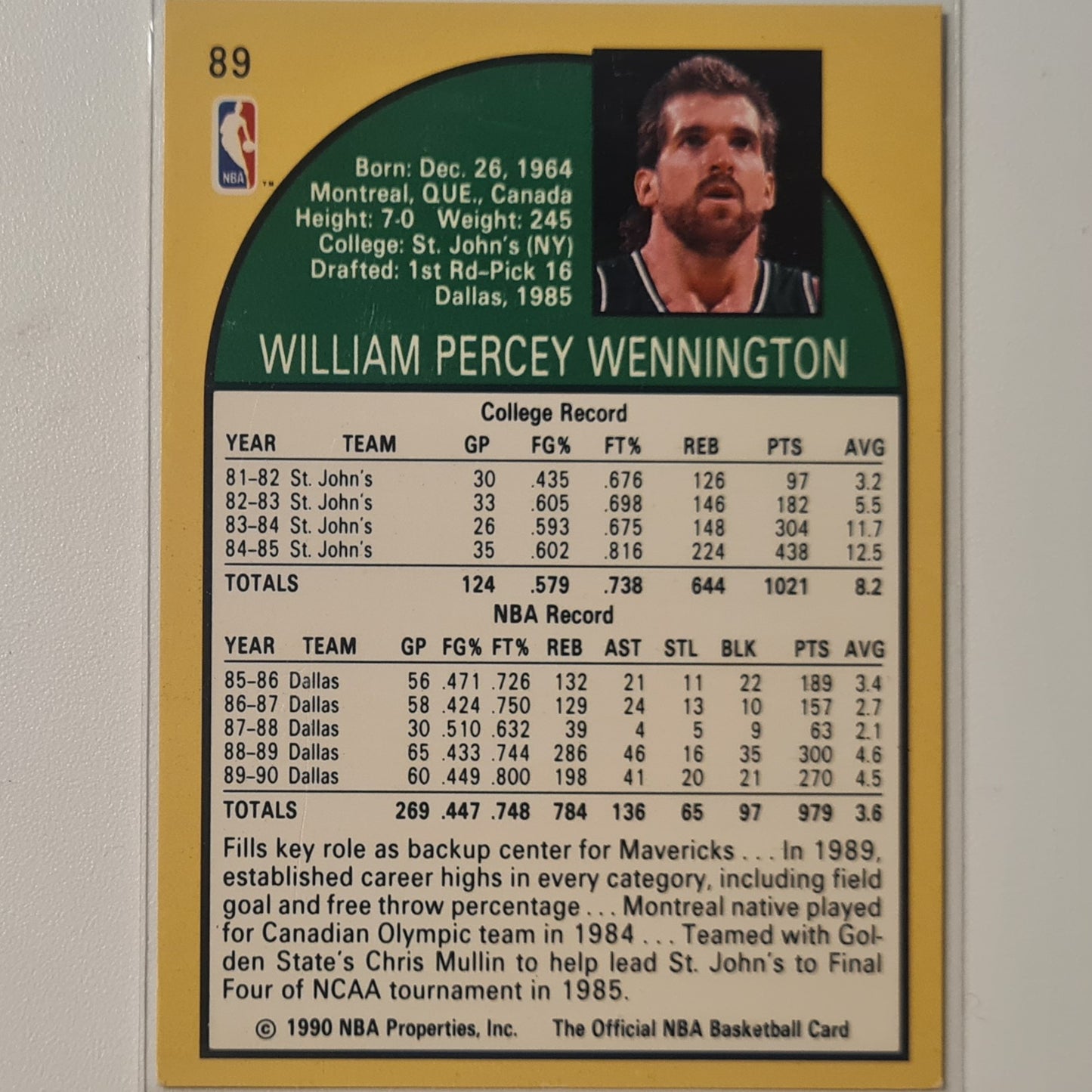 Bill Wennington 1990 NBA Hoops #89 NBA Basketball Dallas Mavericks very good Sleeved