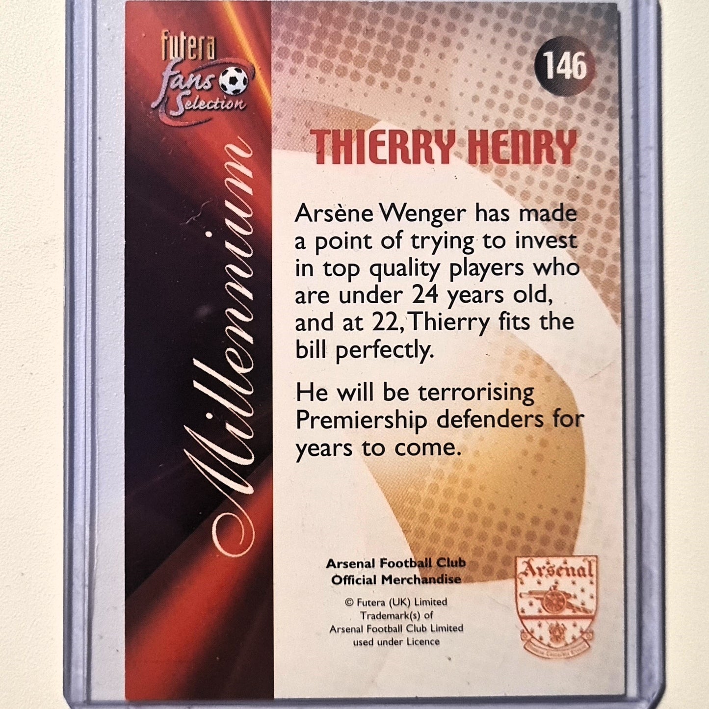 Thierry Henry 1999-2000 Futera Fans Selection Rookie RC Millennium seltene Folienversion #146 Fußball Fußball Arsenal ausgezeichnet mit Ärmeln