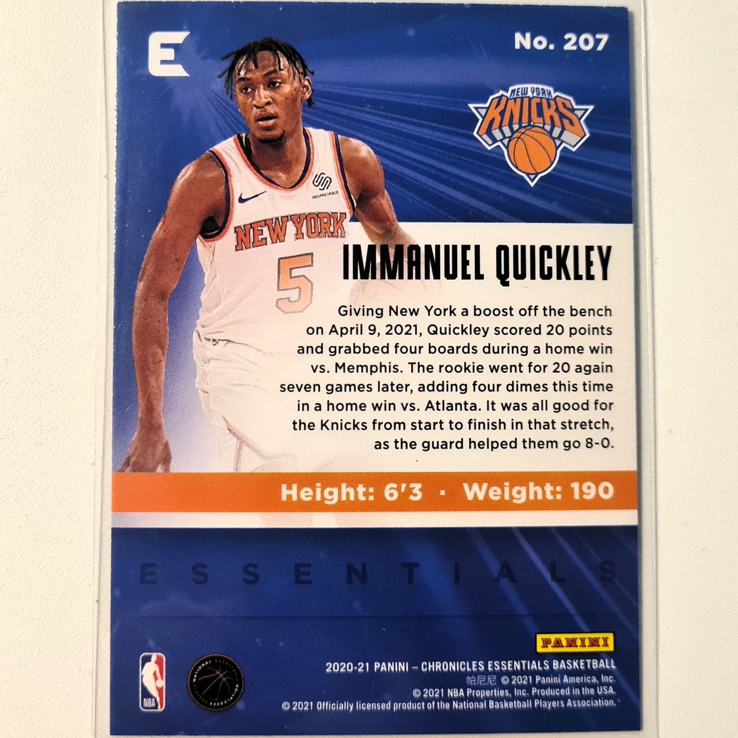 Immanuel Quickley 2020-21 Panini Essentials silver holo variant Rookie RC #207 NBA Basketball New York Knicks excellent sleeved