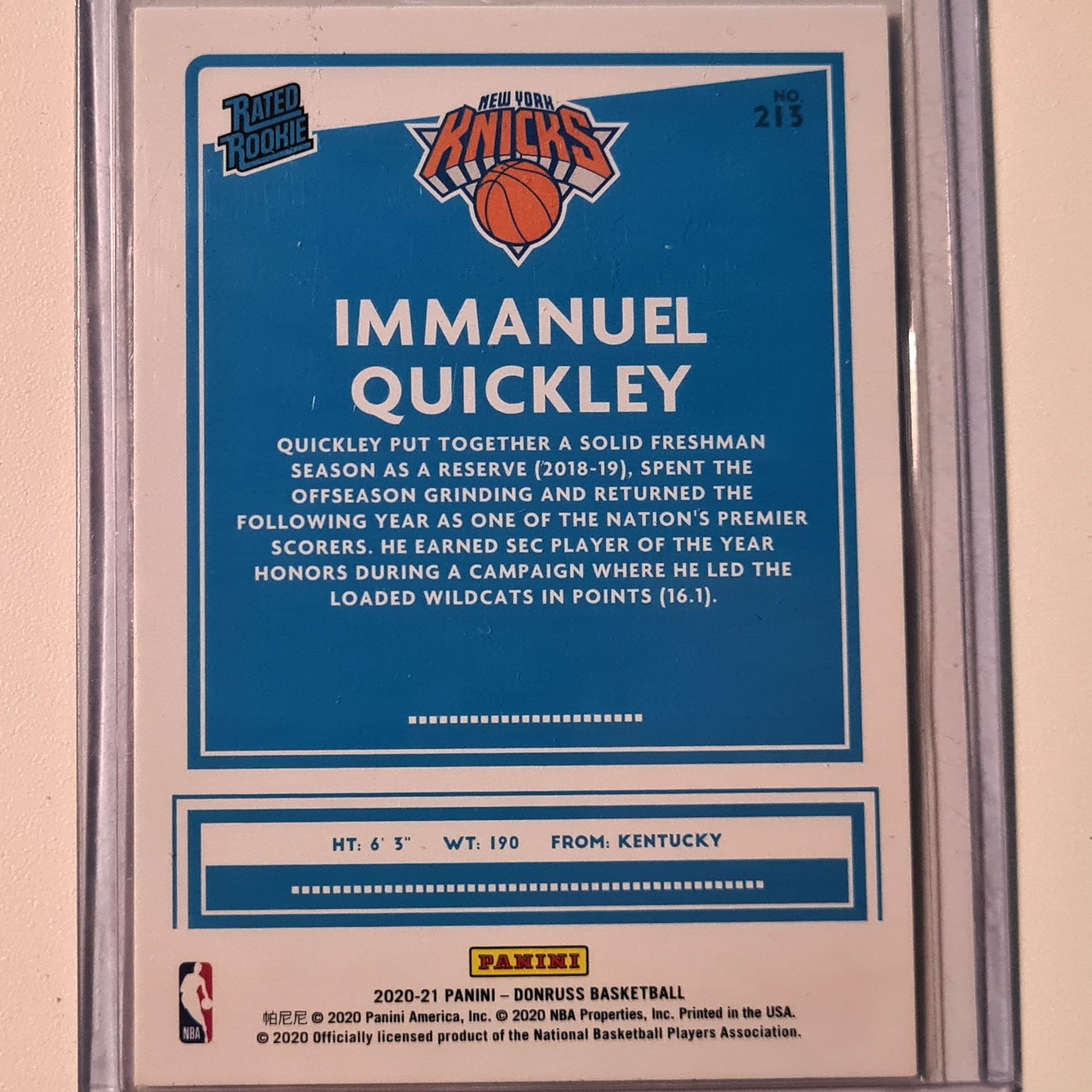 Immanuel Quickley 2020-21 Panini Donruss Rated Rookie RC #213 NBA Basketball New York Knicks excellent/Mint sleeved