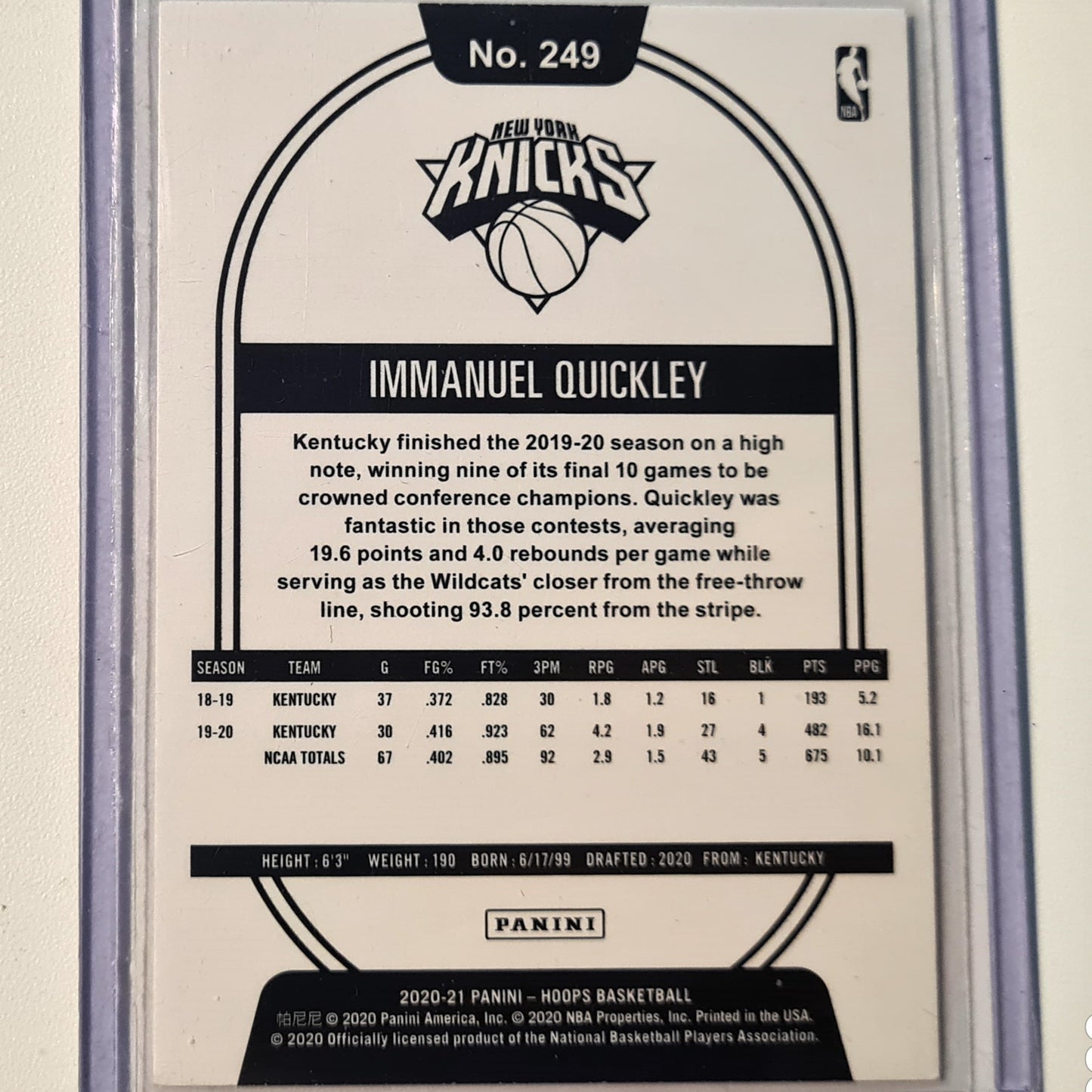 Immanuel Quickley 2020-21 Panini NBA Hoops Rookie RC #249 NBA Basketball New York Knicks excellent/Mint sleeved