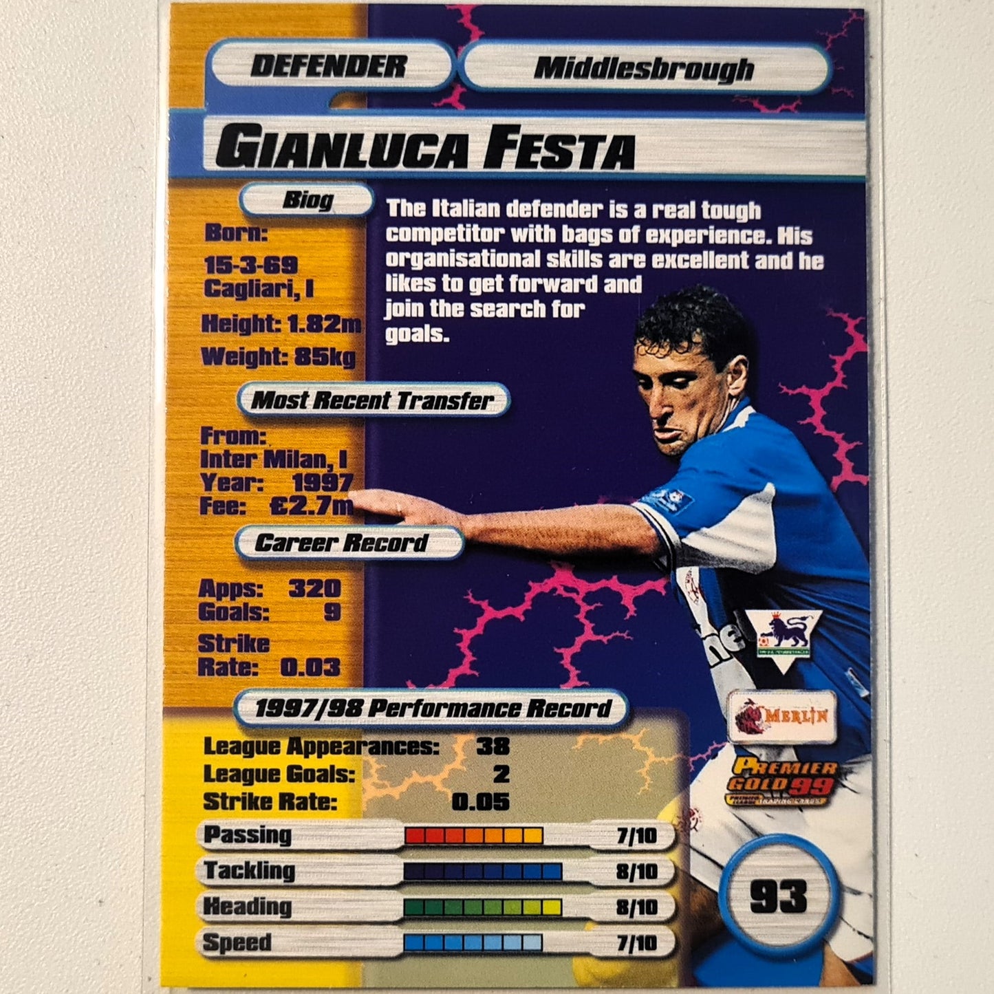 Gianluca Festa 1999 Merlin Premier Gold 99 #93 Soccer Football Middlesbrough excellent sleeved