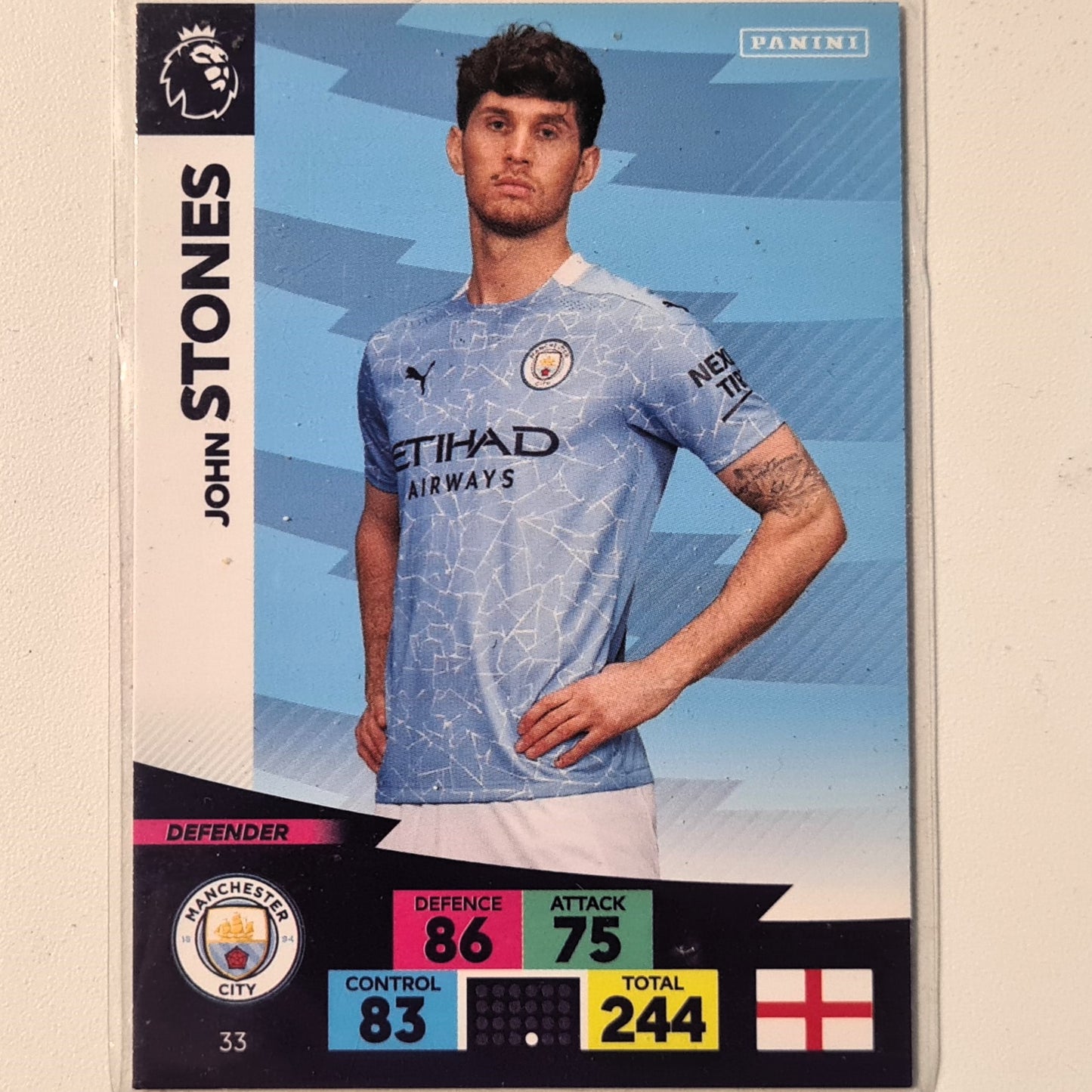 John Stones 2020/21 Panini Adrenalyn XL Premier League #33 Soccer Football Manchester City Excellent sleeved