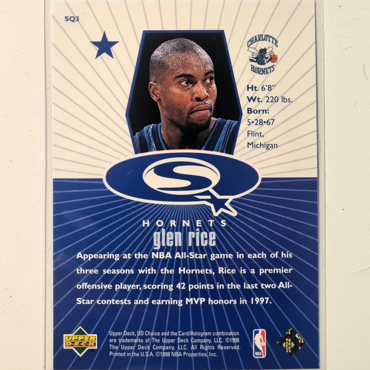 Glen Rice 1998 Upper-Deck SQ3 starquest Blue NBA Basketball Charlotte Hornets Excellent sleeved