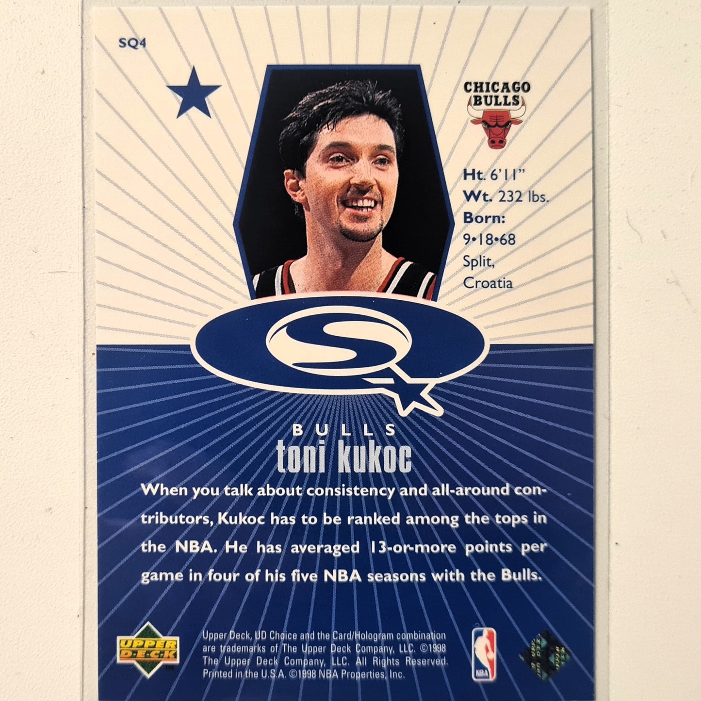 Toni Kukoc 1998 Upper-Deck SQ4 starquest Blue NBA Basketball Chicago Bulls Excellent sleeved