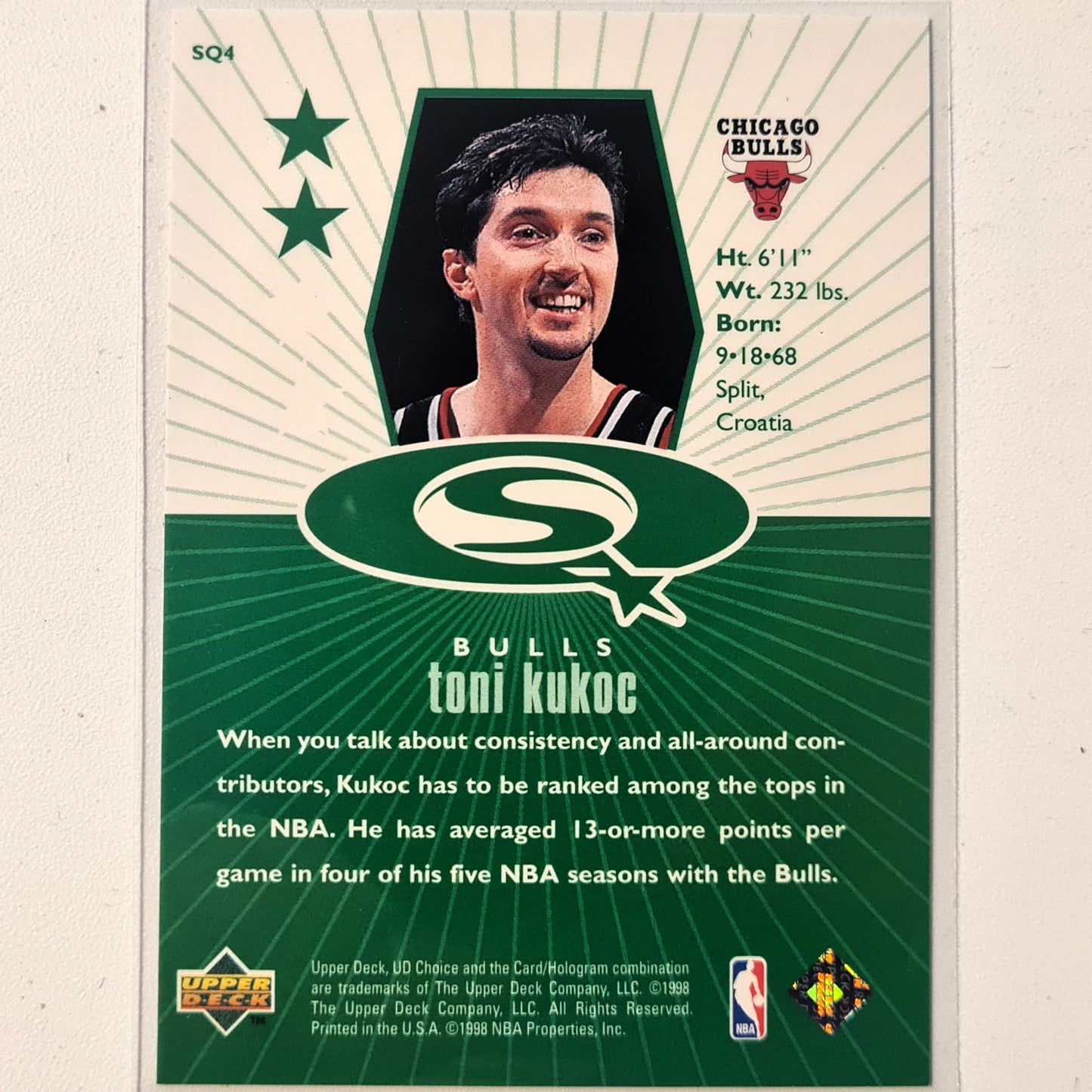 Toni Kukoc 1998 Upper-Deck SQ4 starquest Green NBA Basketball Chicago Bulls Excellent sleeved