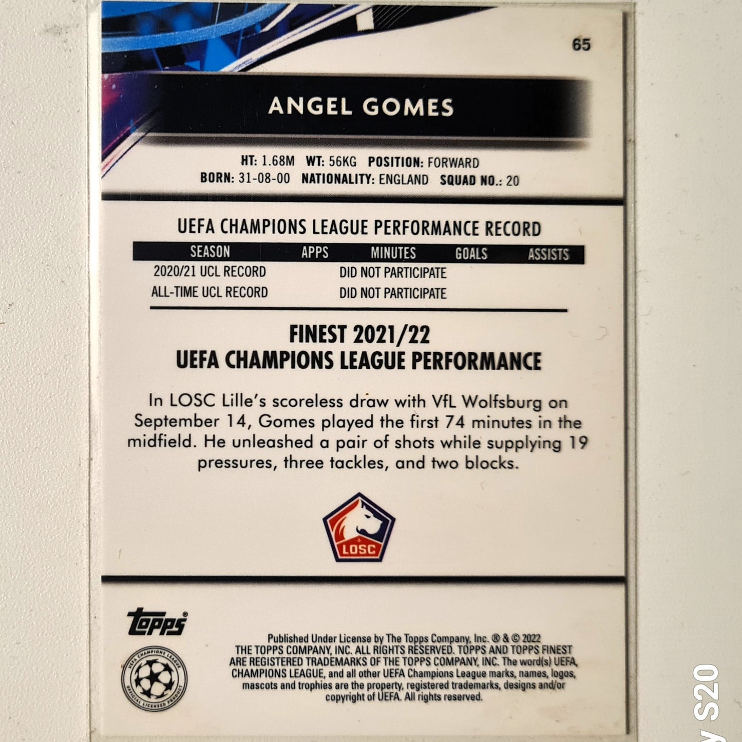 Angel Gomes 2022 Topps Finest Champions League Rookie RC #65  Soccer Football LOSC Lille mint sleeved