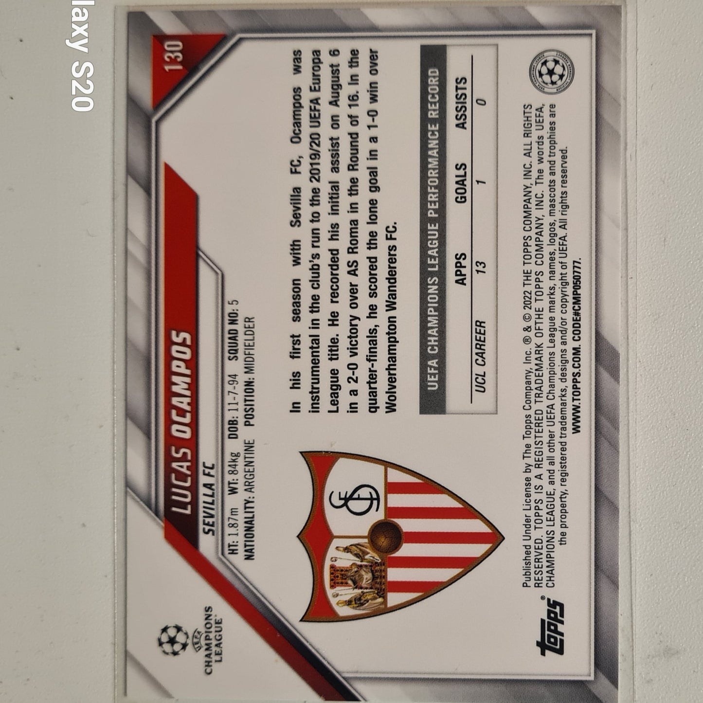 Lucas Ocampos 2022 Topps Champions League  #130  Soccer Football Sevilla FC mint sleeved