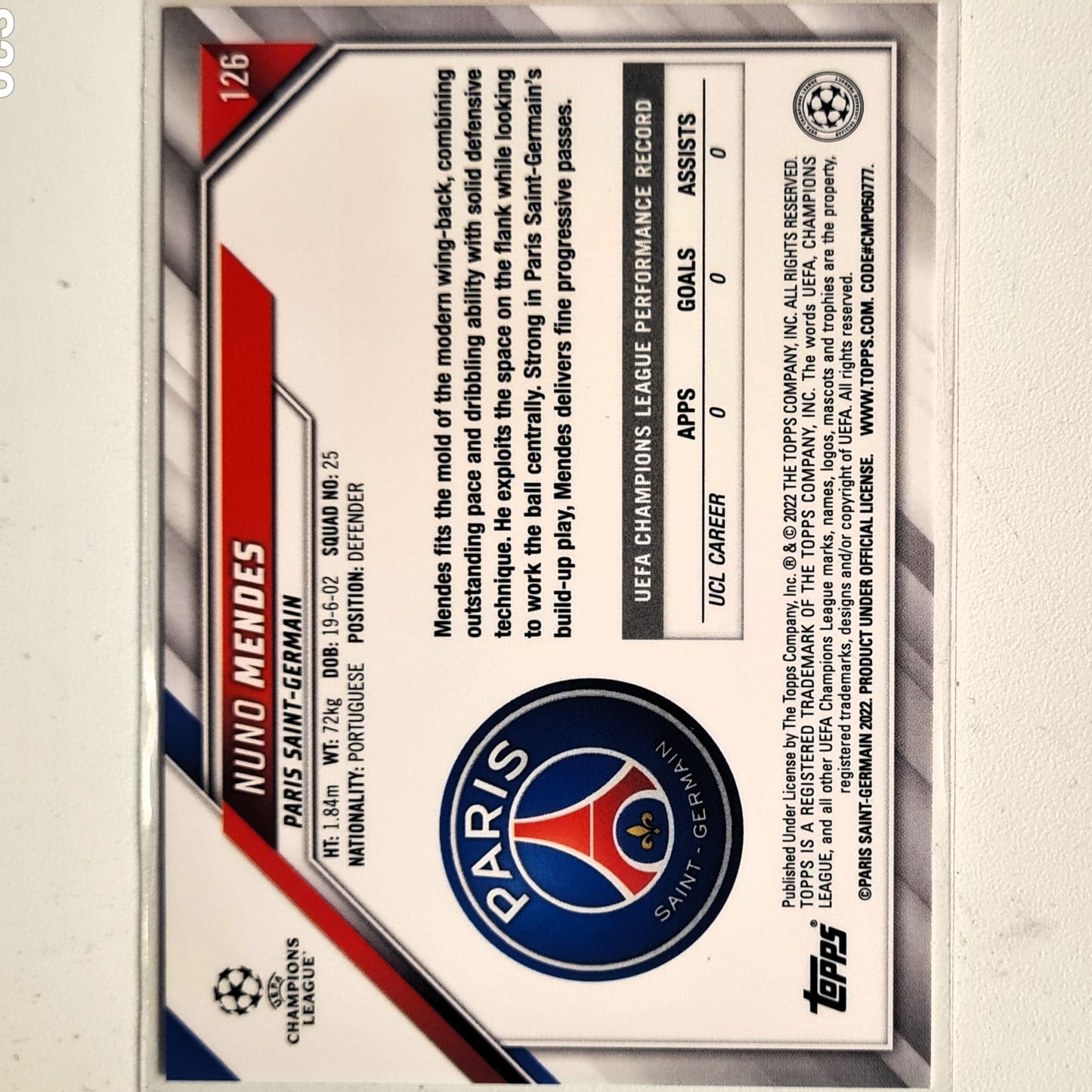 Nuno Mendes 2022 Topps Champions League Rookie RC #126 Soccer Football Paris Saint-Germain mint sleeved