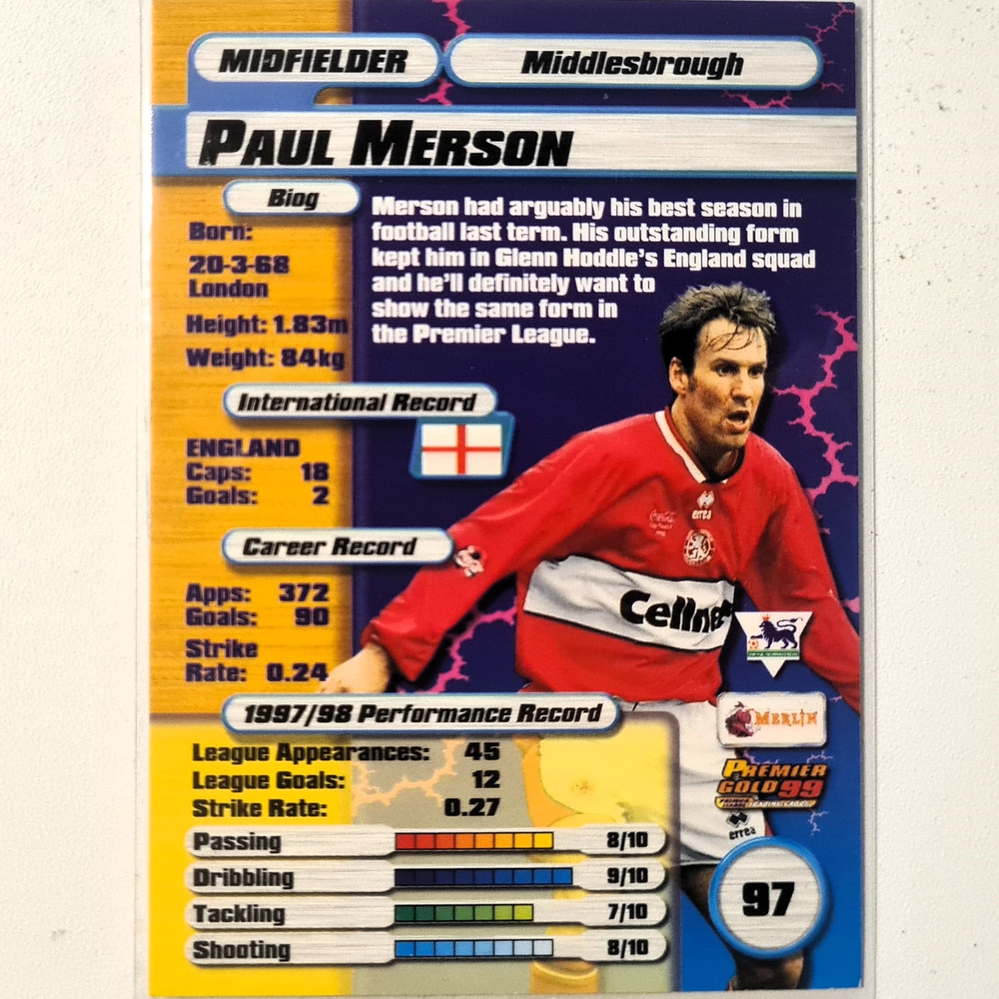 Paul Merson 1999 Merlin Premier Gold 99 #97 Soccer Football Middlesbrough Excellent Sleeved