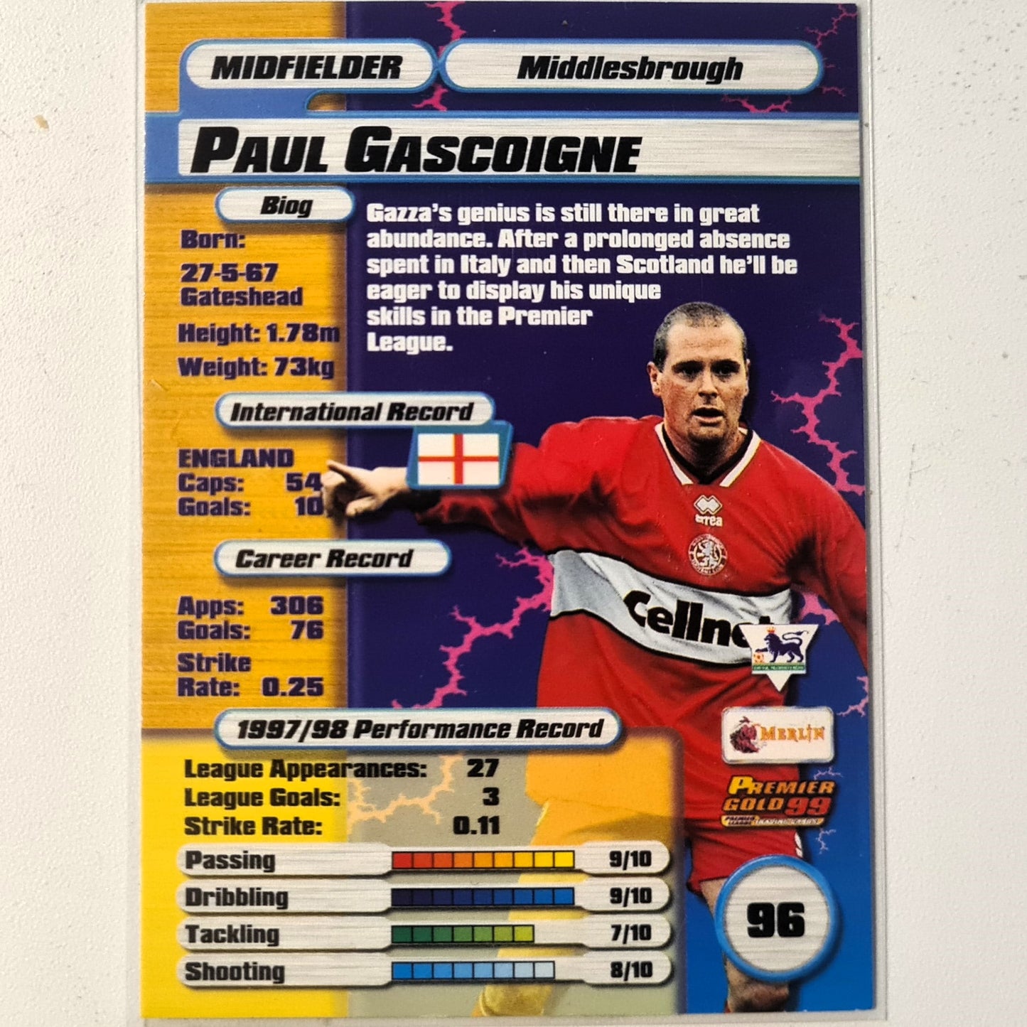 Paul Gascoigne 1999 Merlin Premier Gold 99 #96 Soccer Football Middlesbrough Excellent Sleeved