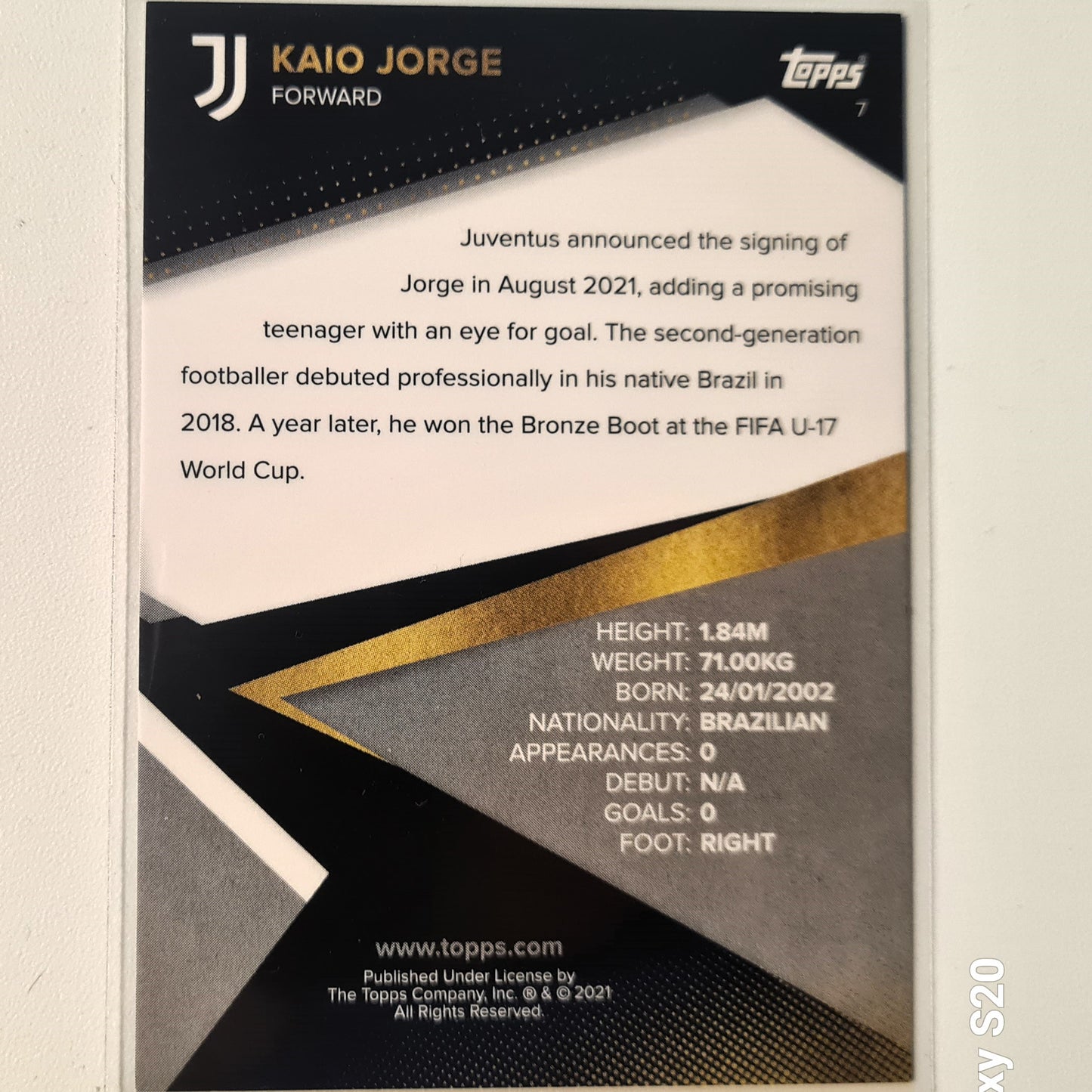 Kaio Jorge 2021 Topps Juventus team set Rookie RC #7 Soccer Football Juventus excellent/mint