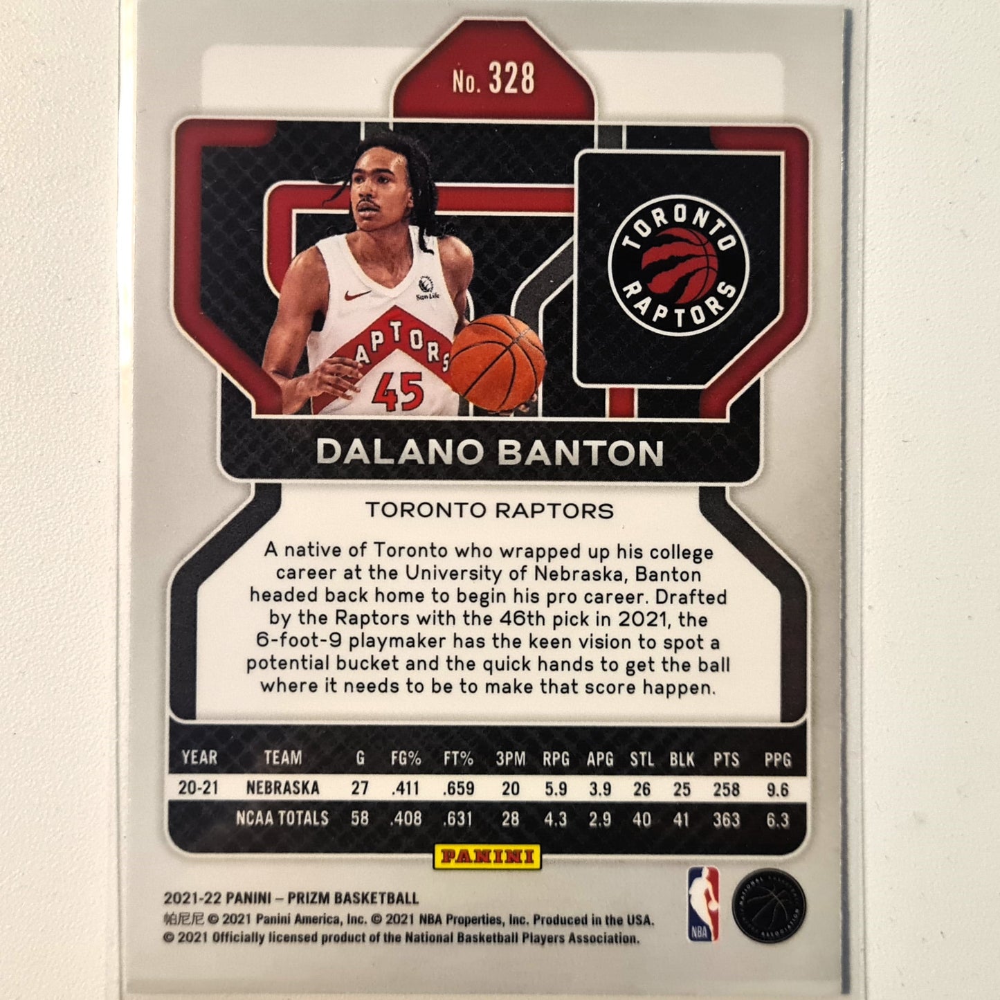 Dalano Banton 2021-22 Panini Prizm Rookie RC #328 NBA Basketball Toronto Raptors Excellent/mint sleeved