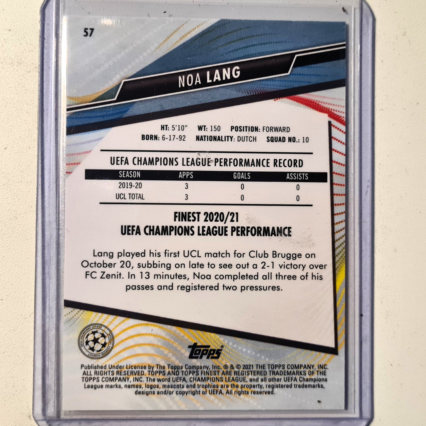 Noa Lang 2021 Topps Finest Champions League Rookie RC #57 Soccer Football Club Brugge Excellent Mint Sleeved