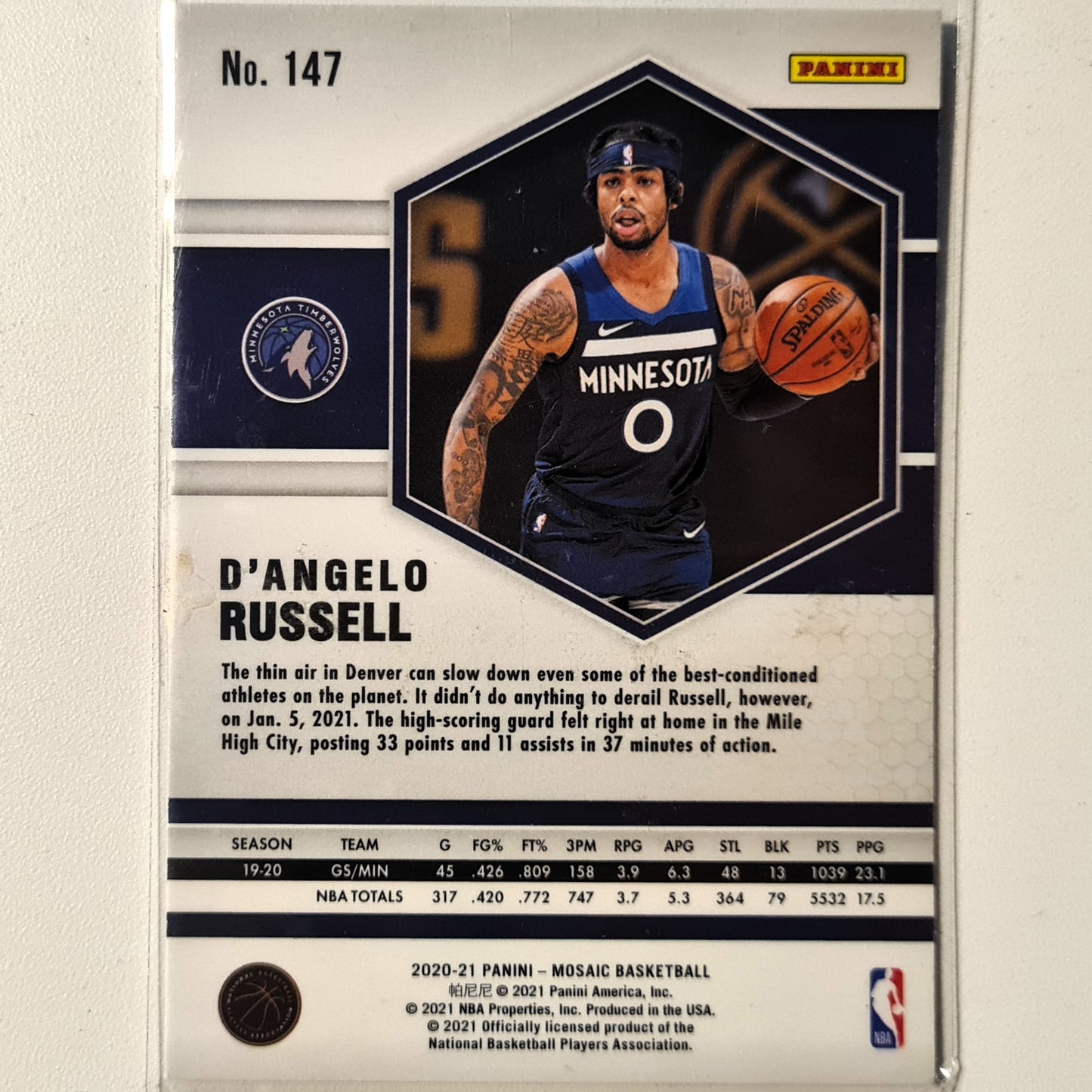 D'Angelo Russell 2020-21 Panini Mosaic #147 NBA Basketball Minnesota Timberwolves Excellent Sleeved