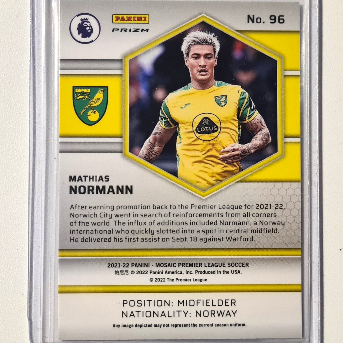 Mathias Normann 2021-22 Panini Mosaic Premier League Prizm MULTICOLOURED Rookie RC #96 Soccer football Norwich Mint sleeved