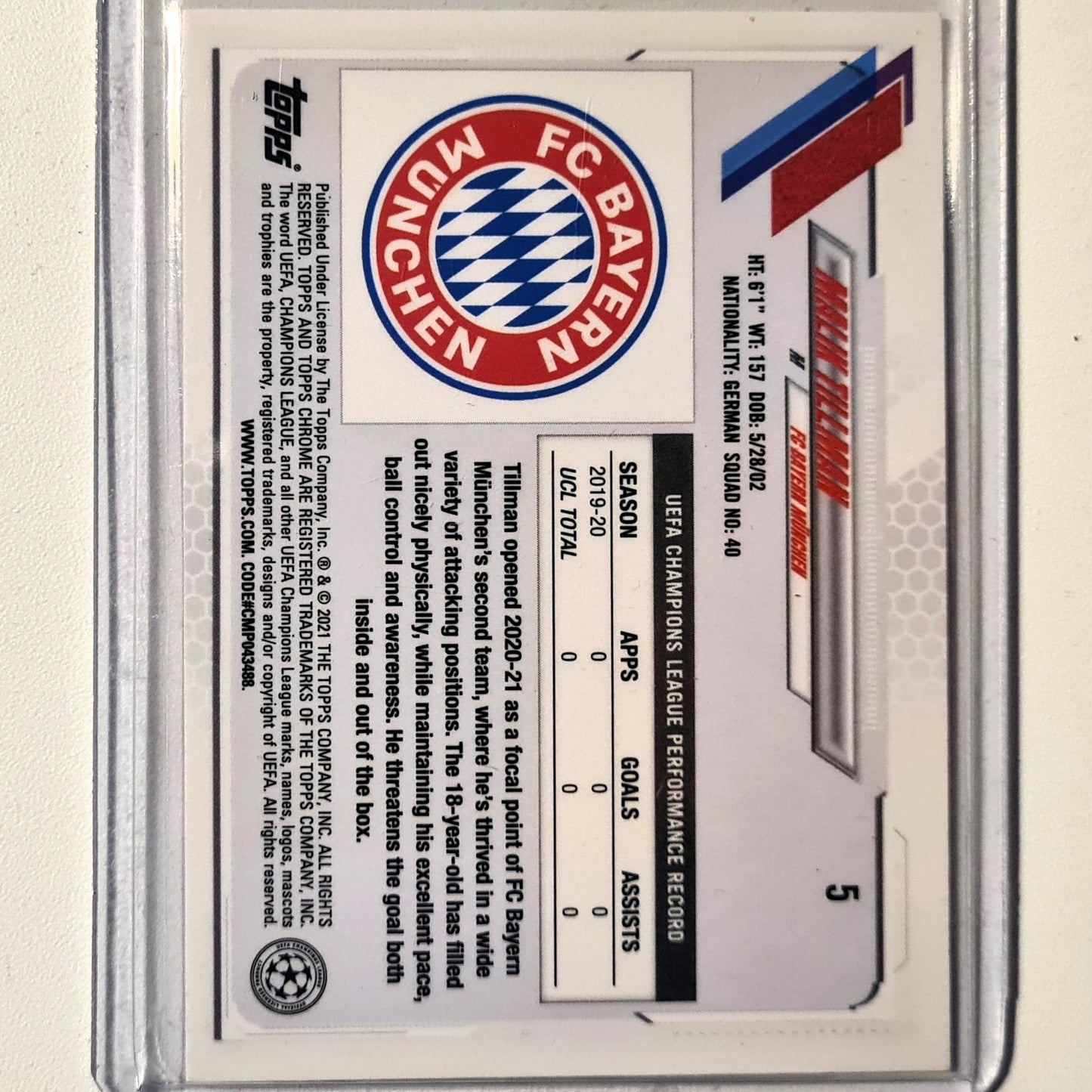 Malik Tillman 2021 Topps Chrome Champions League Rookie RC #5 Soccer Football Bayern Munich Excellent/Mint Sleeved