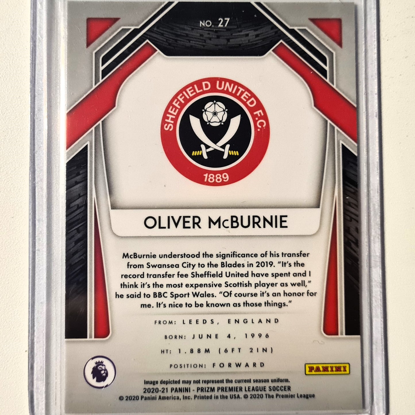 Oliver McBurnie 2020-21 Panini Prizm premier league Rookie RC #27 Soccer Football Sheffield United excellent/mint Sleeved