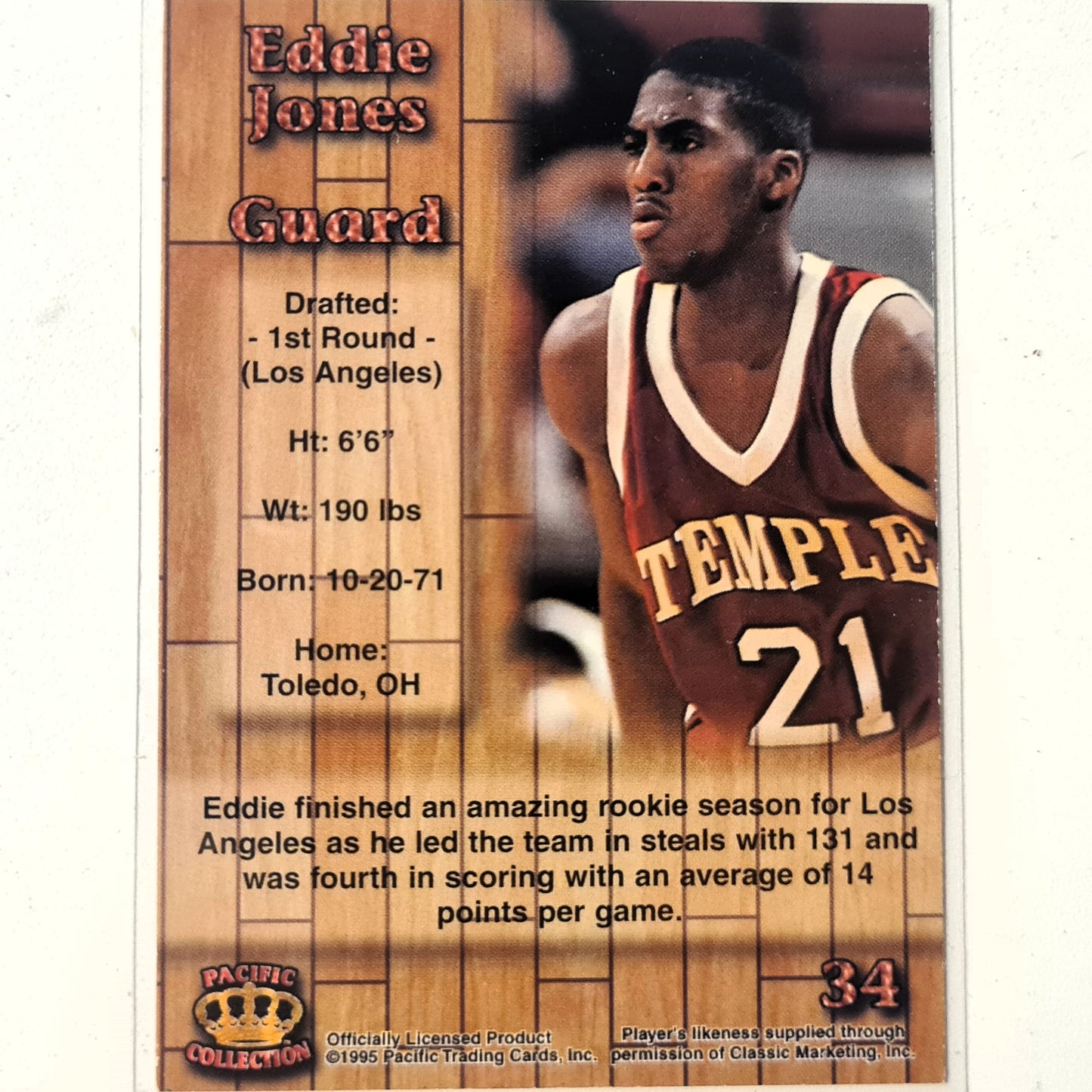 Eddie Jones 1995 Pacific Collection Rookie RC college #34 NBA Basketball temple/LA Lakers Good-Very good Sleeved