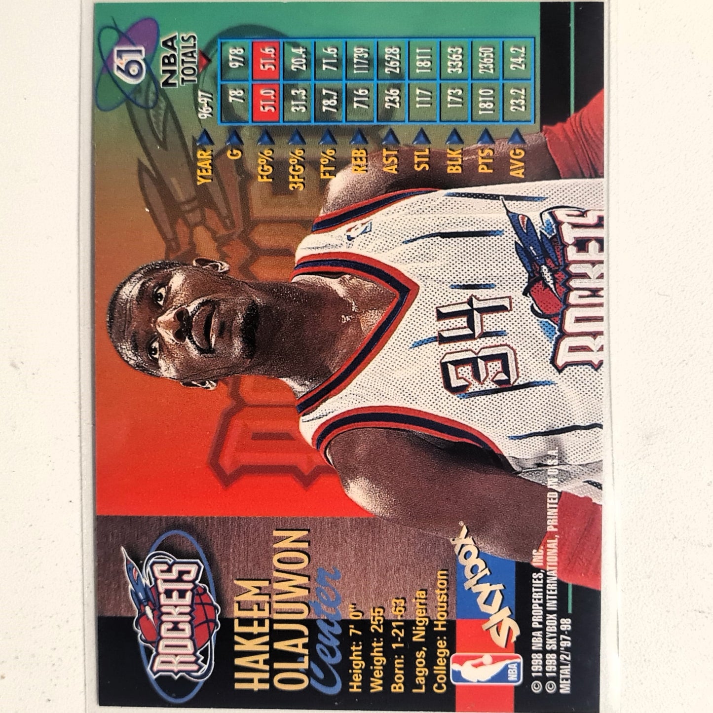 Hakeem Olajuwon 1998 Skybox Metal Universe #39 NBA Basketball Houston Rockets Excellent Sleeved