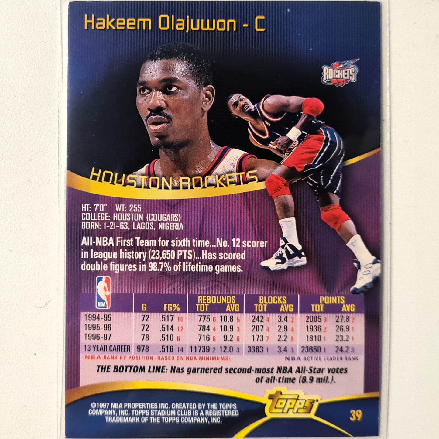 Hakeem Olajuwon 1997 Topps stadium club #39 NBA Basketball Houston Rockets Excellent Sleeved