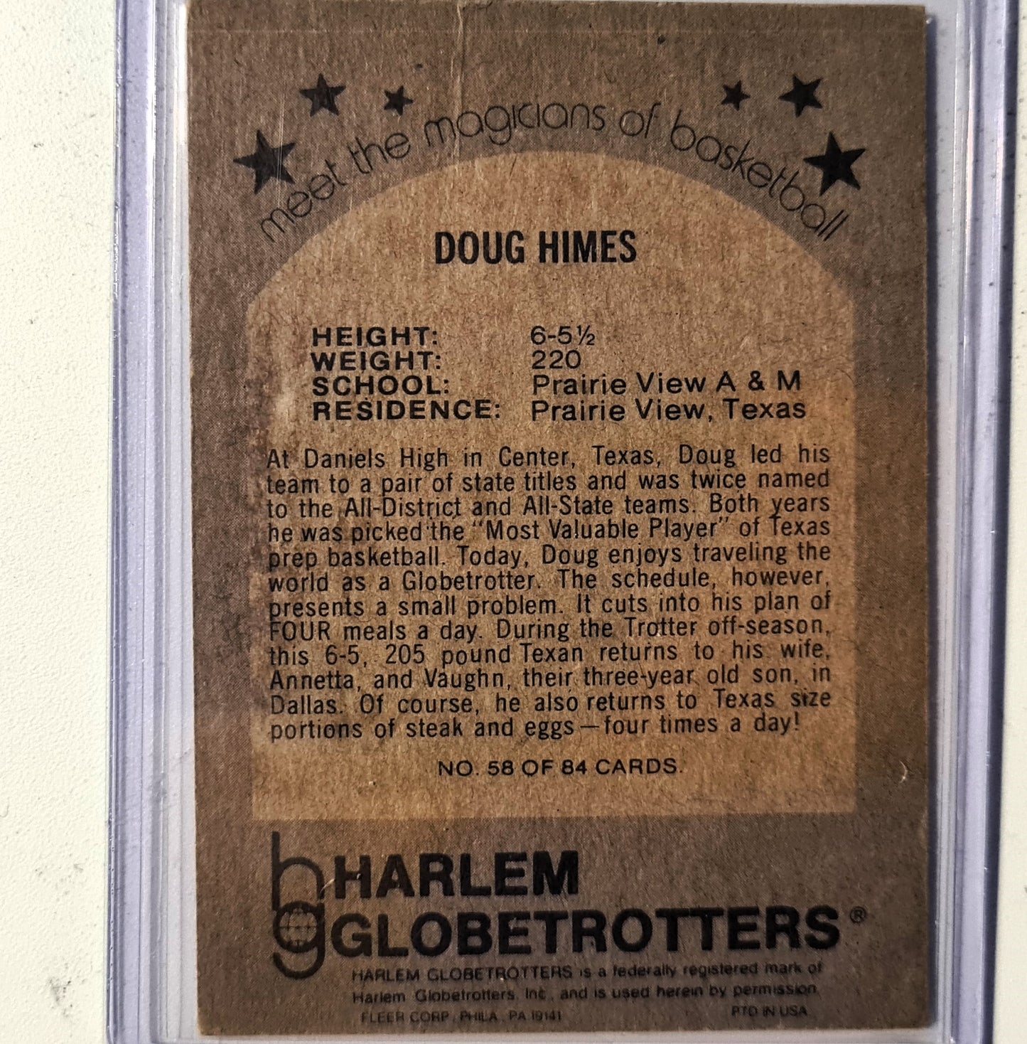 Doug Himes 1971 Fleer Harlem Globetrotters #58 Basketball Harlem Globetrotters fair Sleeved