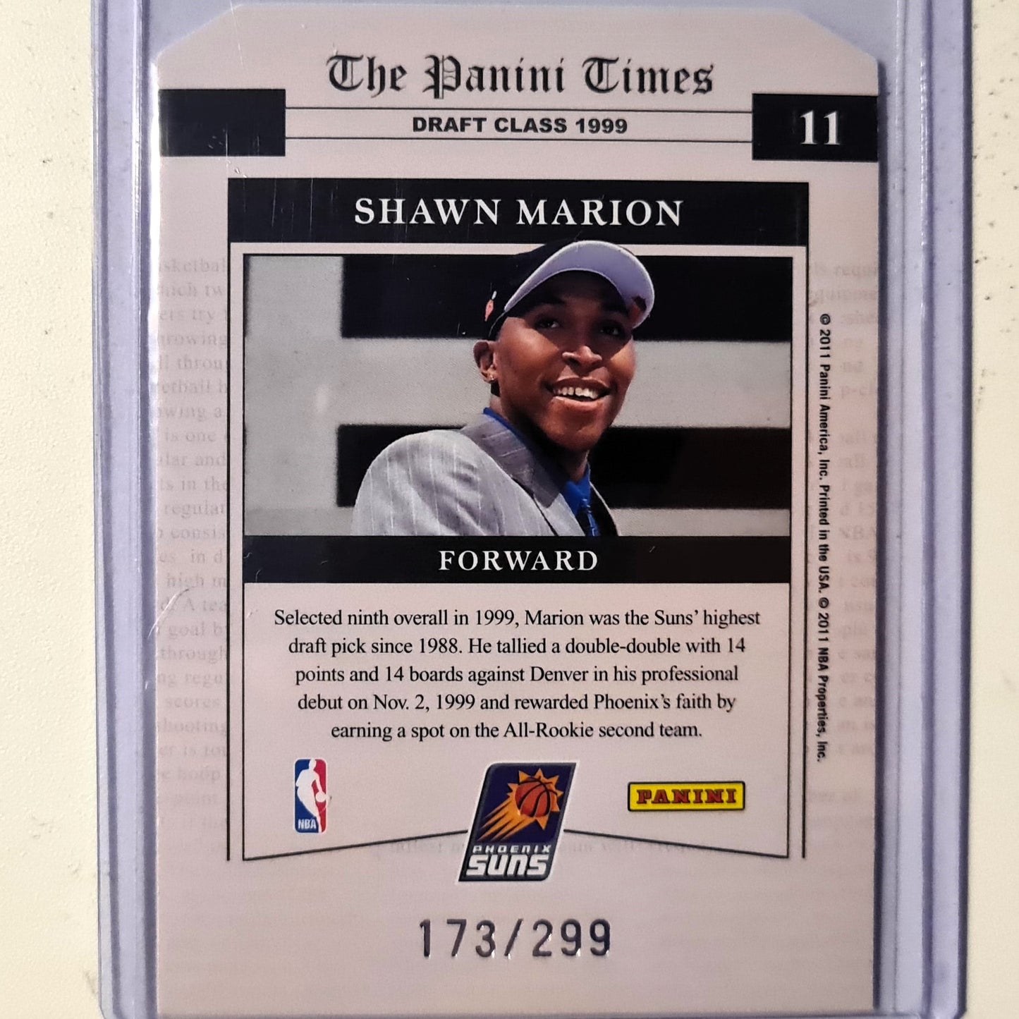 Shawn Marion 2011 Panini contenders patches place in History numbered 173/299 #11 NBA Basketball Phoenix Suns Sleeved