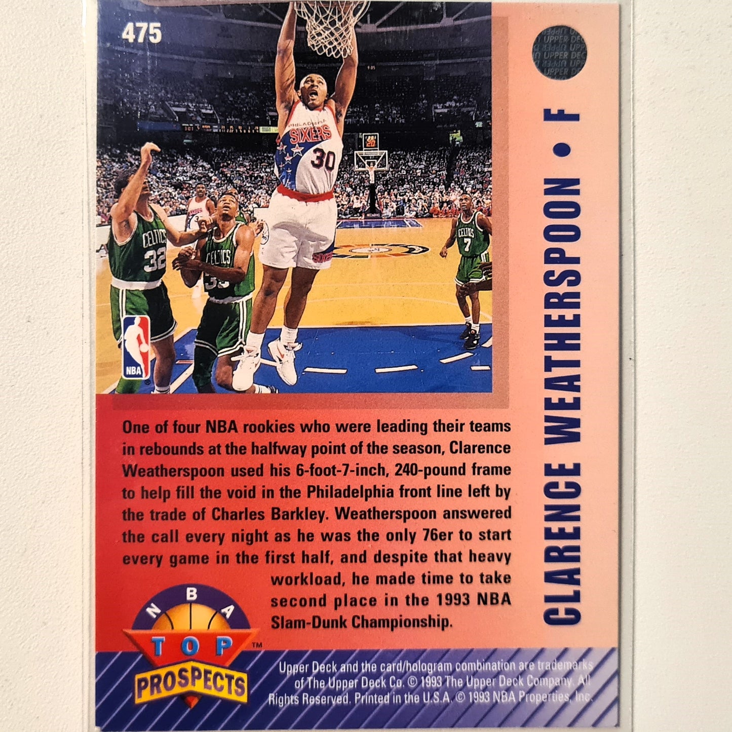 Clarence Weatherspoon  1993 Upper-Deck top prospects Rookie RC #475 NBA Basketball Philadelphia 76ers very good sleeved