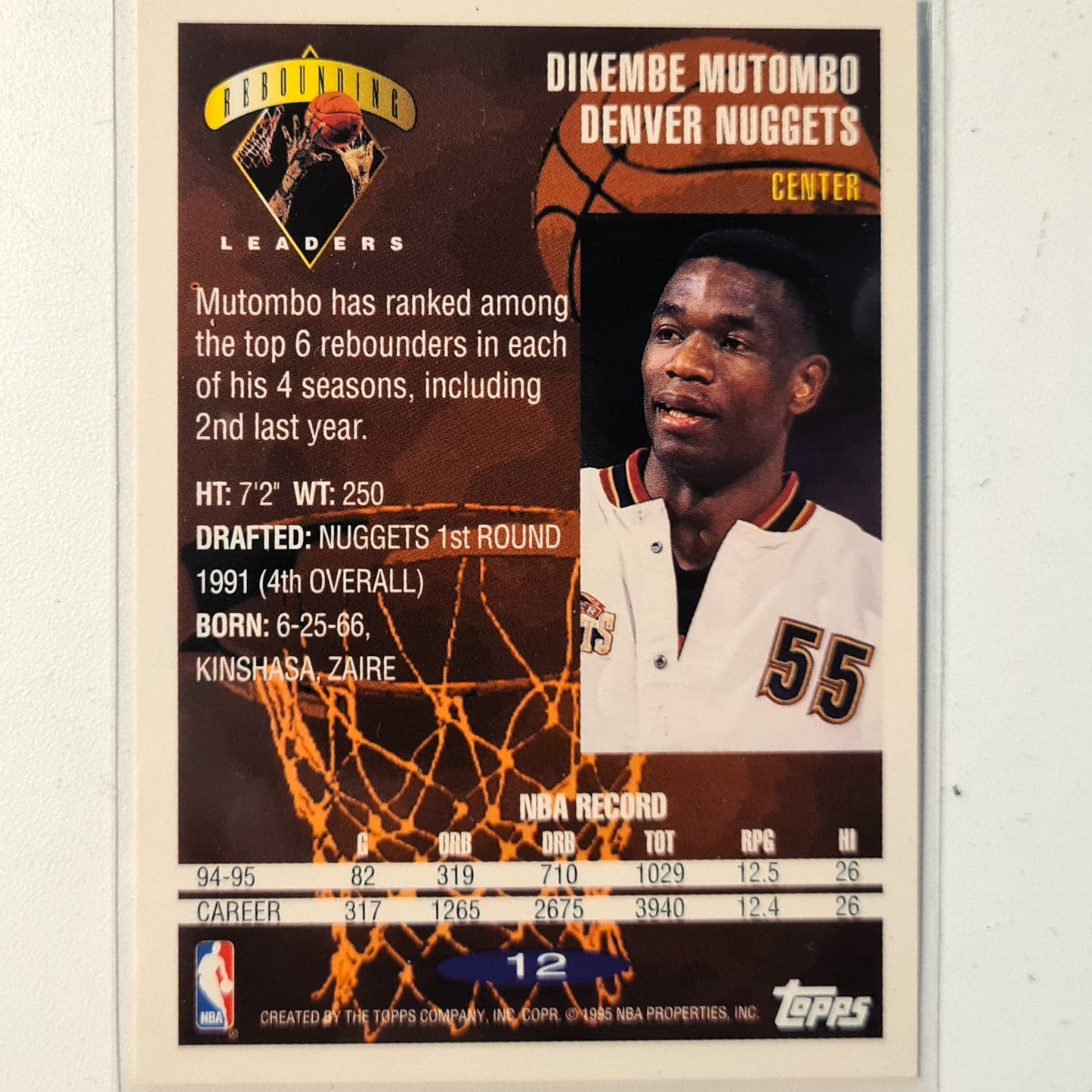 Dikembe Mutombo 1995 Topps Rebounding leaders #12 NBA Basketball Denver Nuggets Very good sleeved