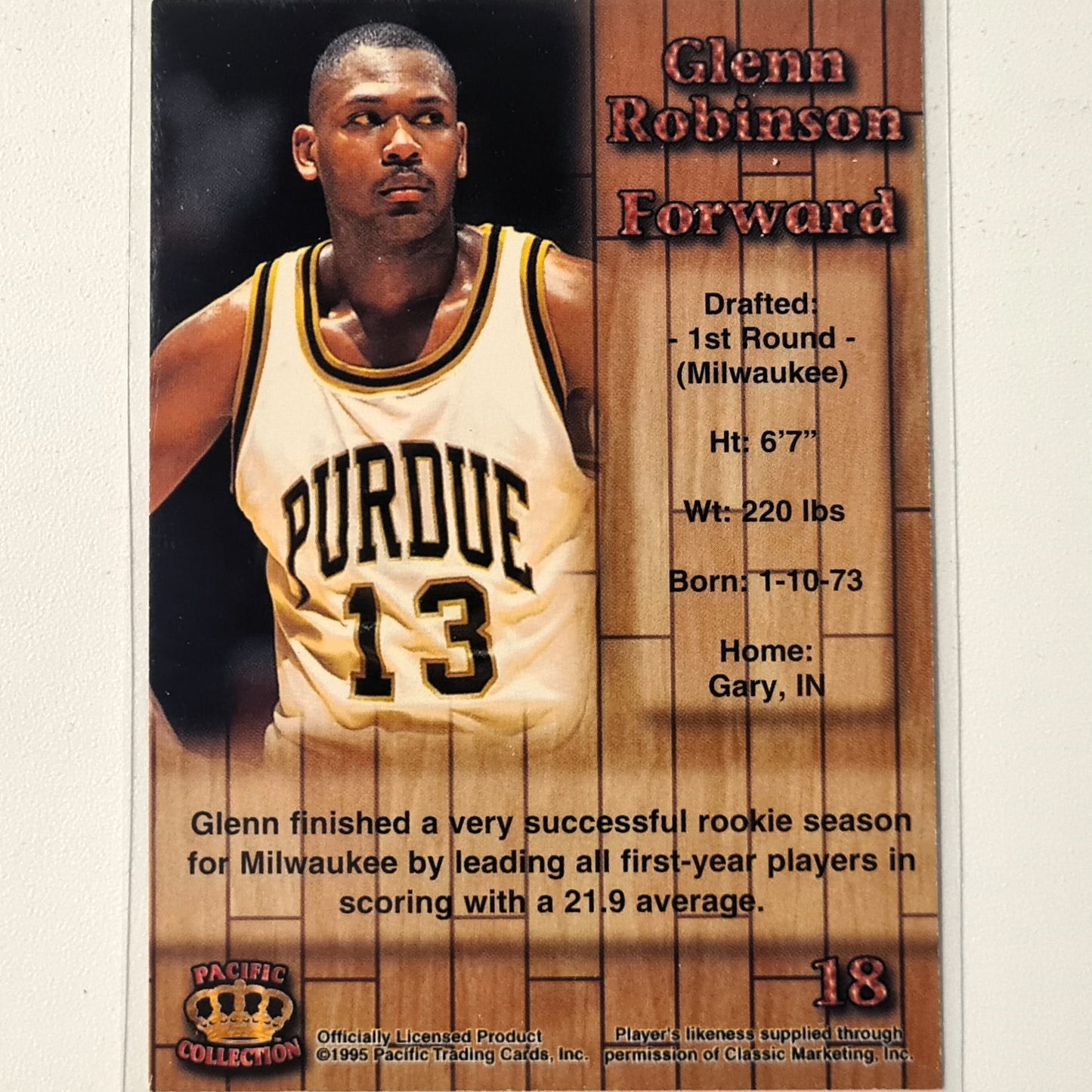 Glenn Robinson 1995 Pacific Collection Rookie RC #18 NBA Basketball Purdue/Milwaukee Bucks sleeved