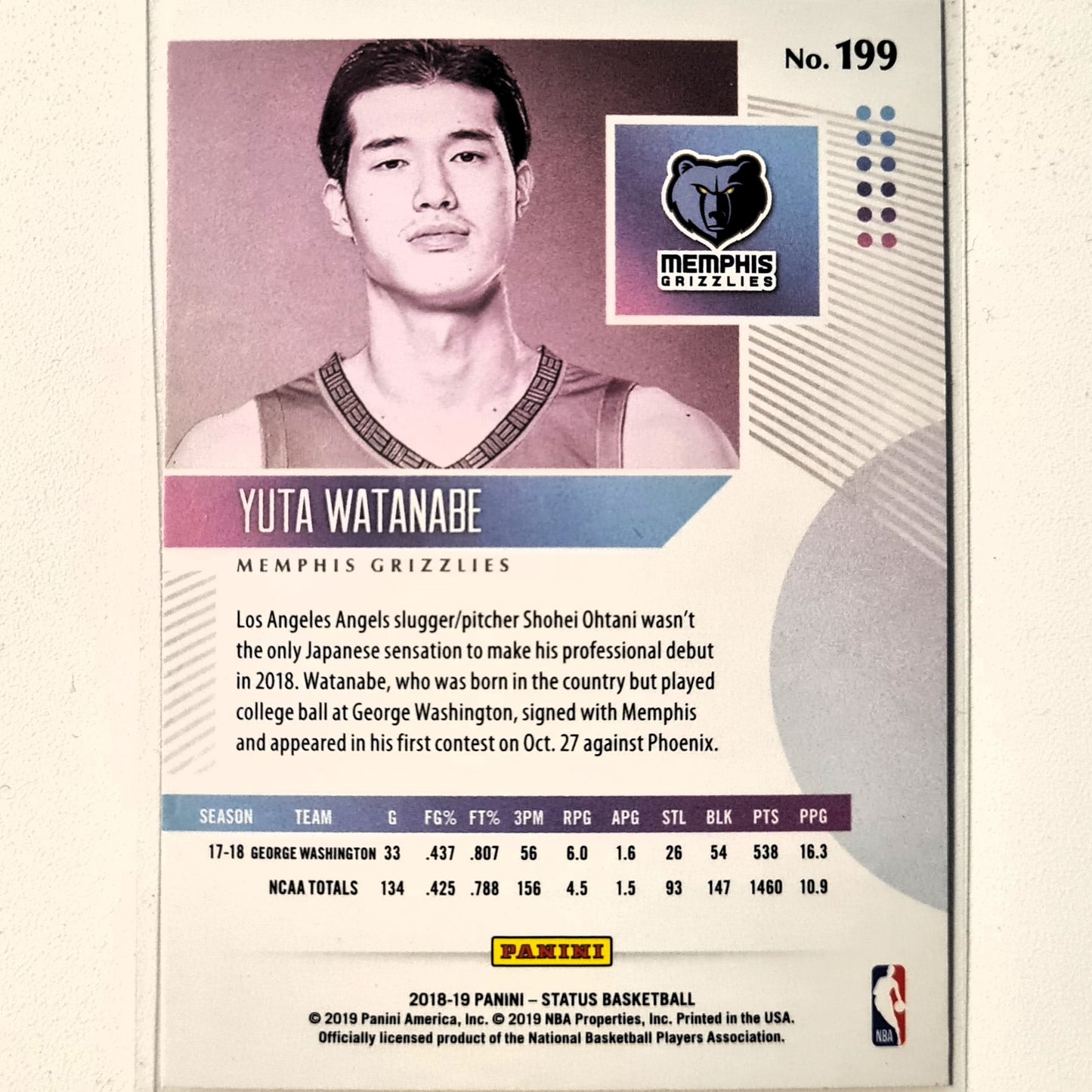 Yuta Watanabe 2018-19 Panini Status Rookie RC #199 NBA Basketball Memphis Grizzlies Excellent sleeved