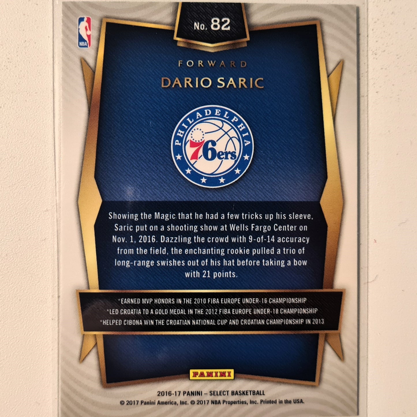 Dario Saric 2016-11 Panini Select #82 NBA Basketball Philadelphia 76ers Excellent/Mint sleeved