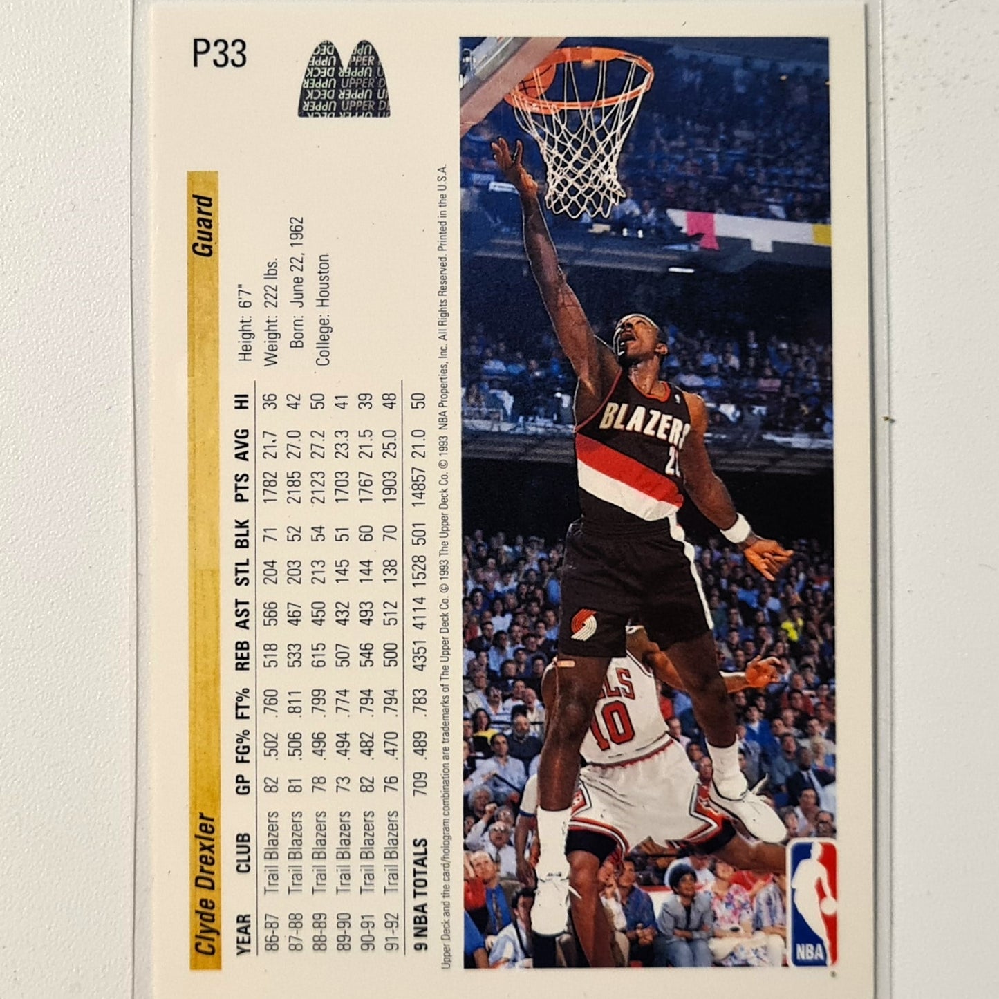 Clyde Drexler 1993 Upper-Deck McDonalds Happy Meal Promo P33 NBA Basketball Portland Trail Blazers Very good Sleeved