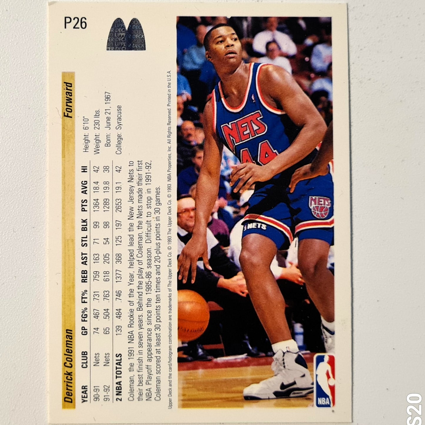 Derrick Coleman 1993 Upper-Deck McDonalds Happy Meal Promo P26 NBA Basketball New Jersey Nets Very good Sleeved