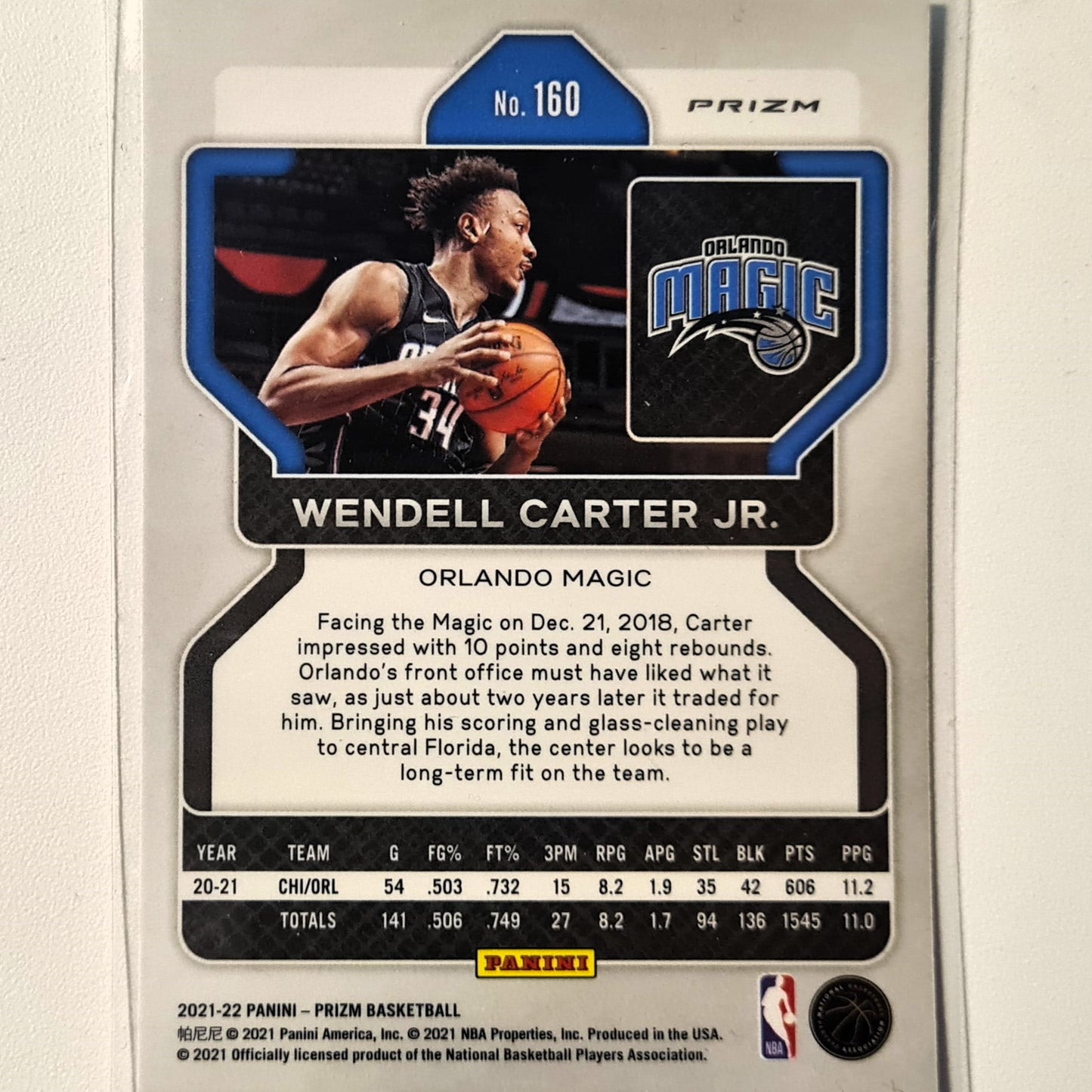 Wendell Carter Jr 2021-22 Panini Prizm refractor #160 NBA Basketball Orlando Magic excellent sleeved