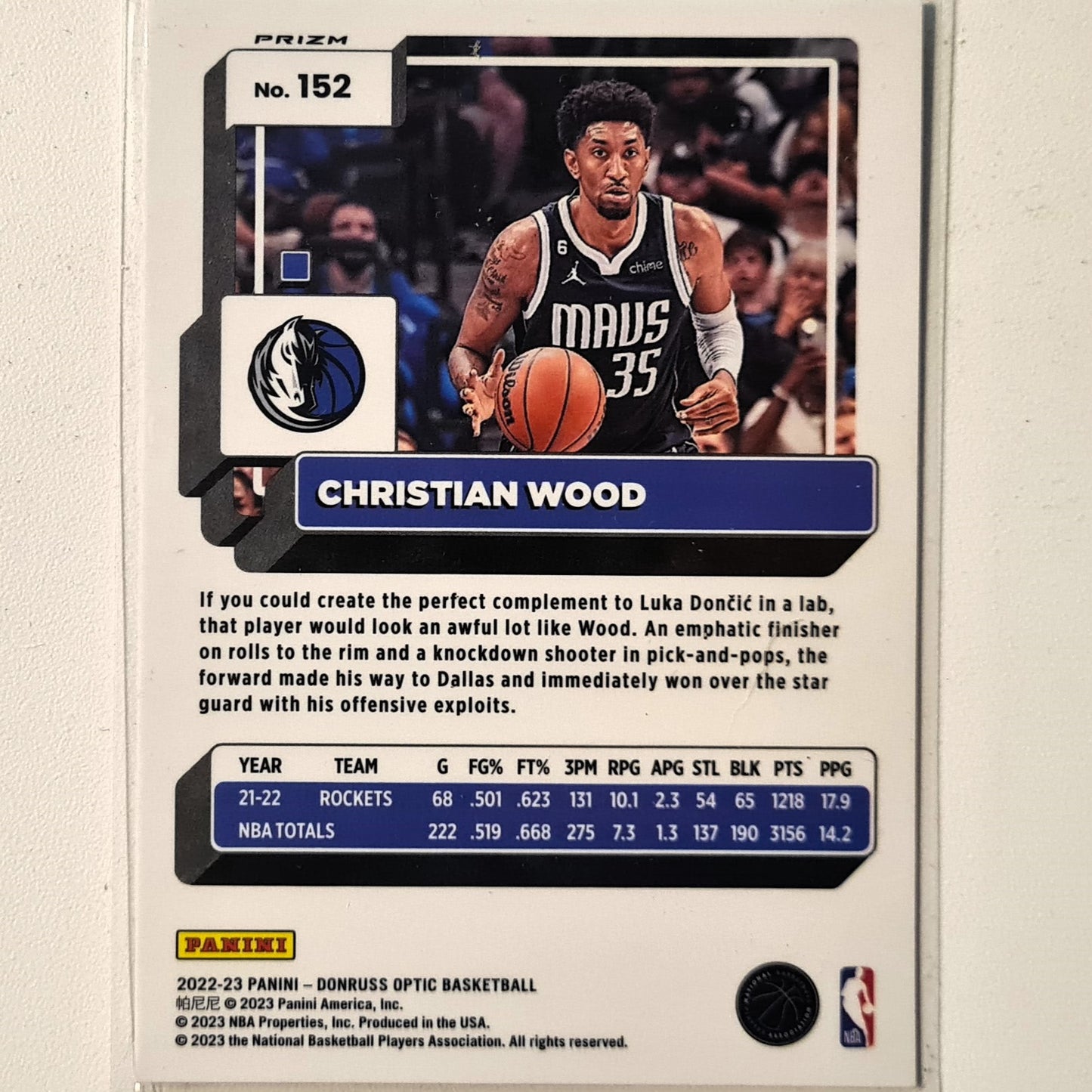 Christian Wood 2022-23 Panini Donruss Optic Prizm refractor #152 NBA Basketball Dallas Mavericks Excellent/mint sleeved