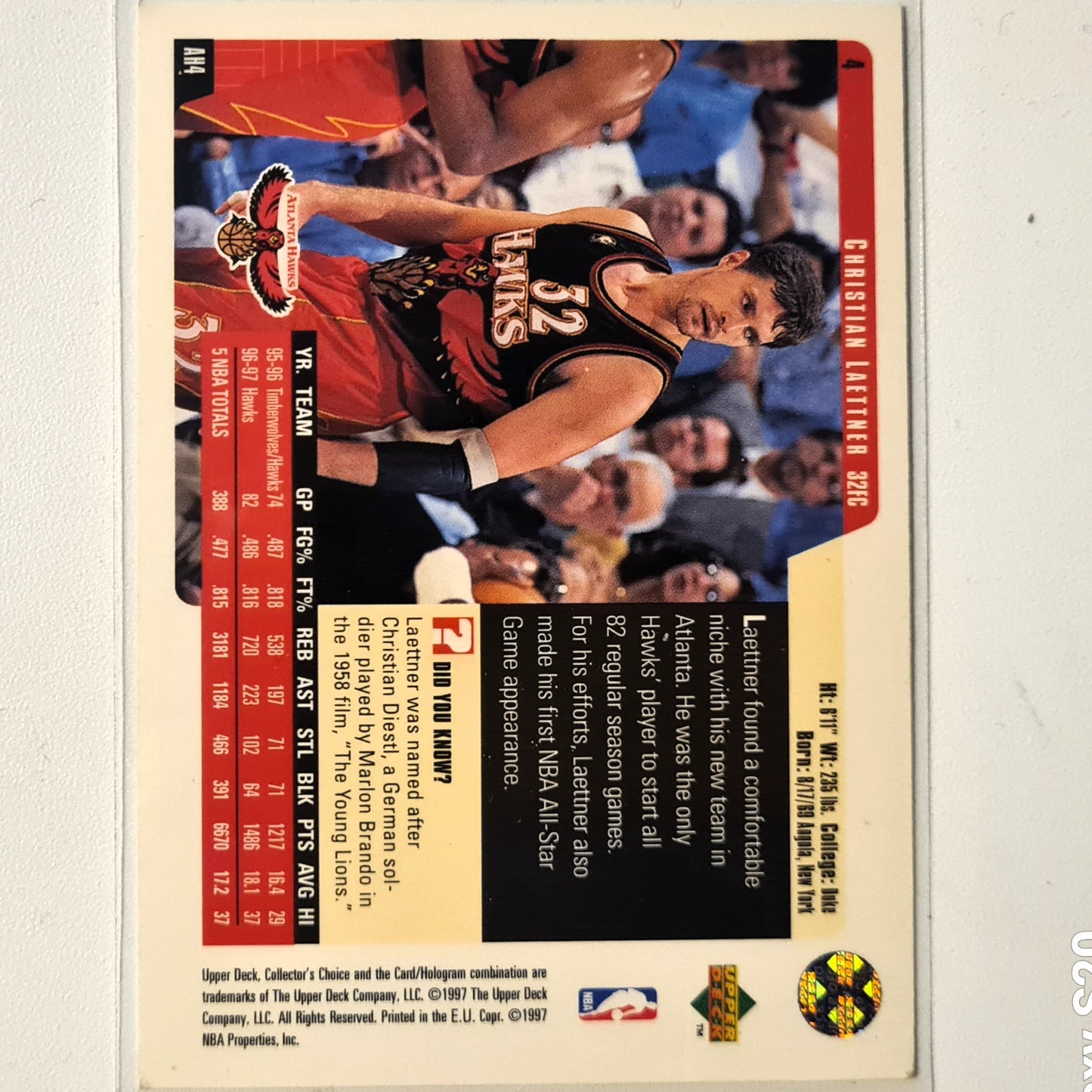 Christian Laettner 1997 Upper-Deck #4 NBA Basketball Atlanta Hawks good sleeved