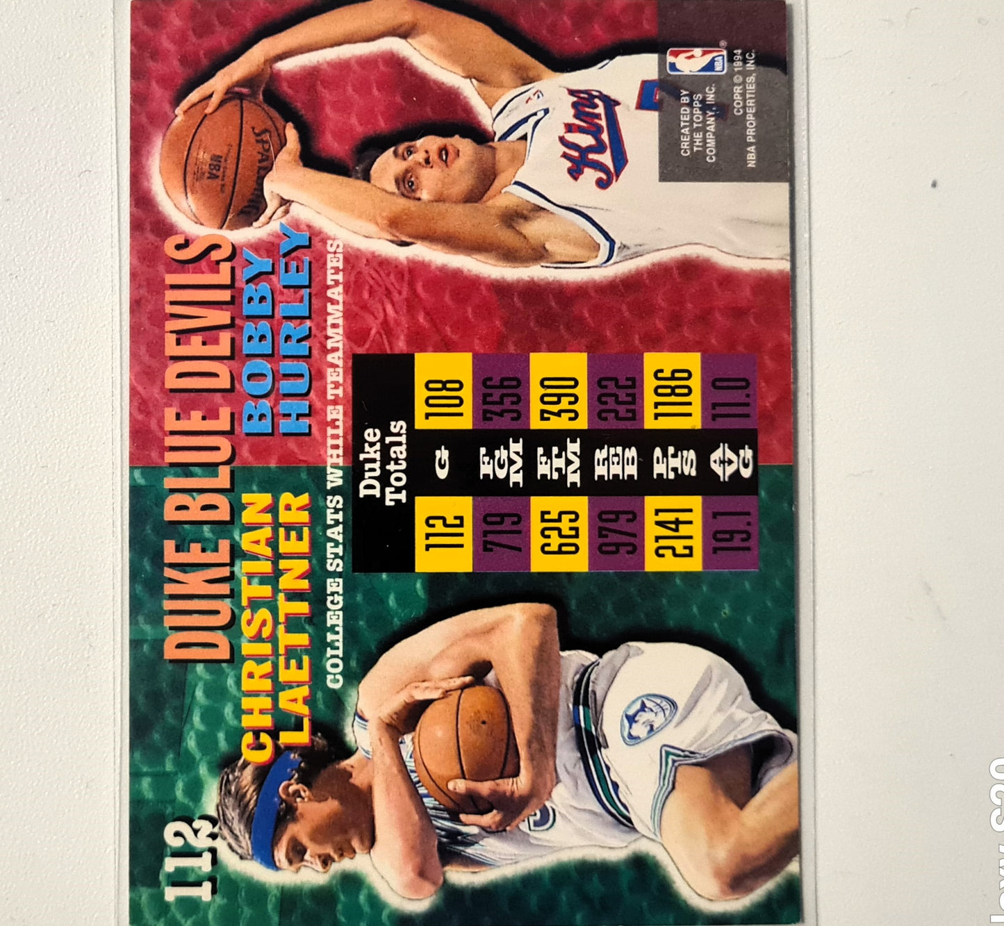 Christian Laettner Bobby Hurley 1995 Topps stadium club Duke college team mates #112 NBA Basketball Minnesota Timberwolves very good sleeved