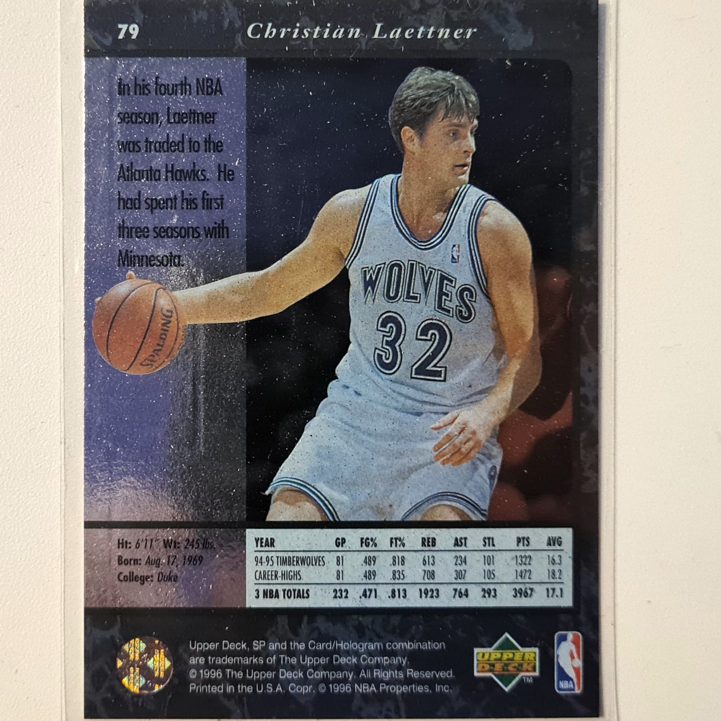 Christian Laettner 1996 Upper-Deck sp Hologram #79 NBA Basketball Minnesota Timberwolves very good sleeved