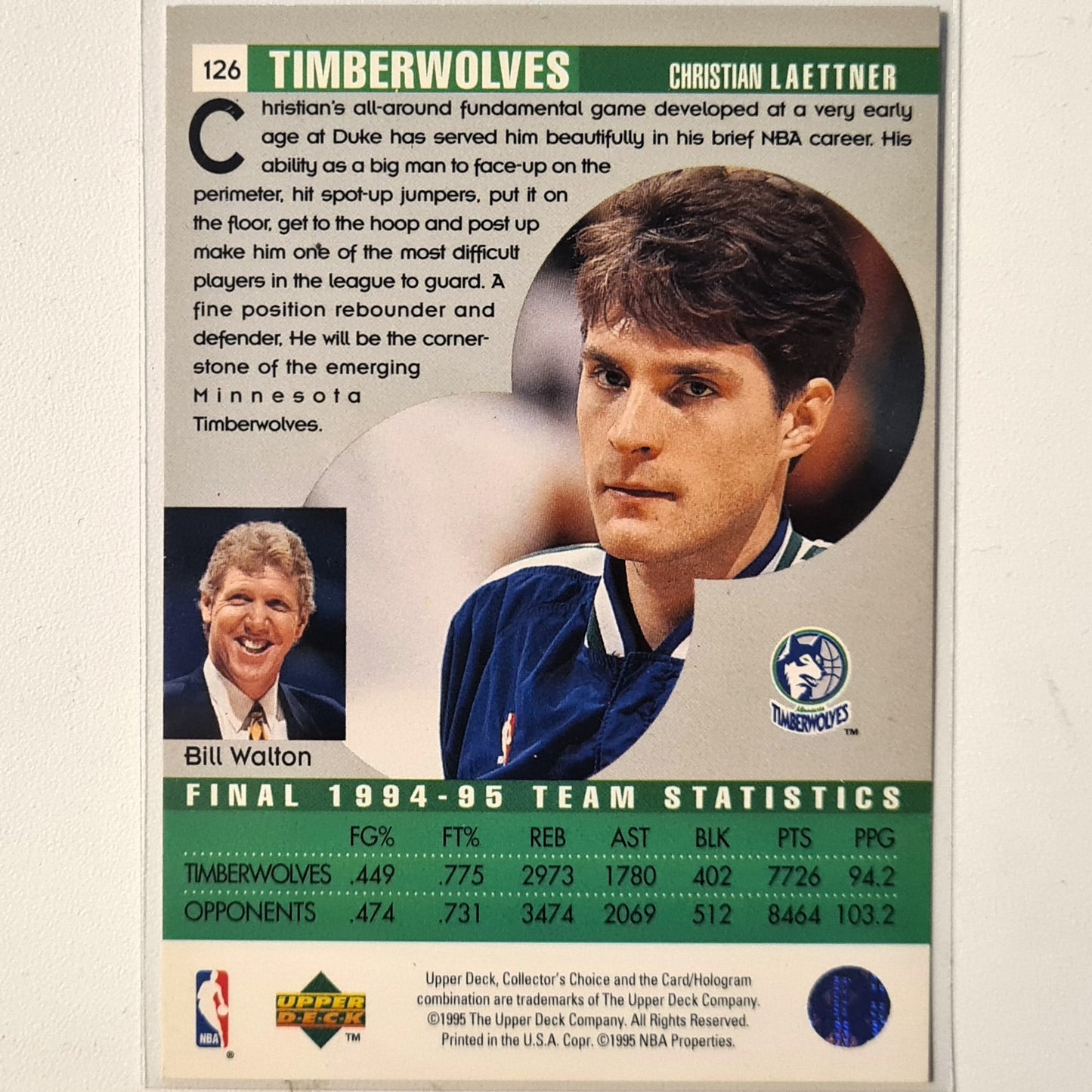 Christian Laettner 1995 Upper-Deck Game SCOUTING REPORT #336 NBA Basketball Minnesota Timberwolves very good sleeved