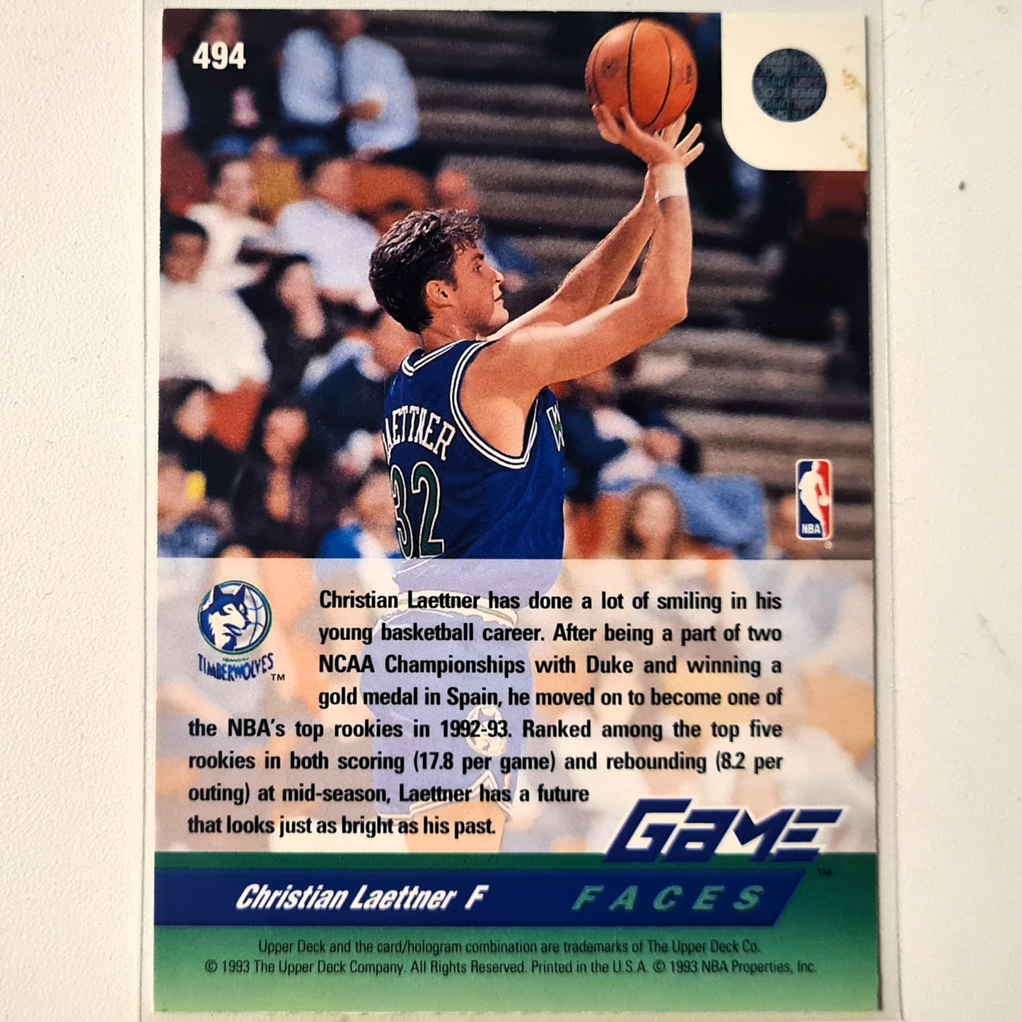 Christian Laettner 1993 Upper-Deck Game Faces Rookie RC #494 NBA Basketball Minnesota Timberwolves very good sleeved