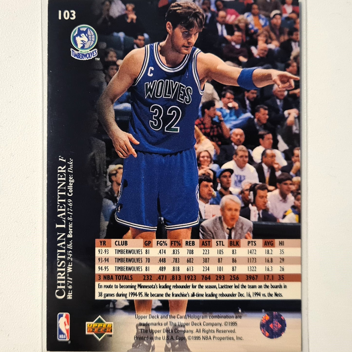 Christian Laettner 1995 Upper-Deck #103 NBA Basketball Minnesota Timberwolves very good sleeved