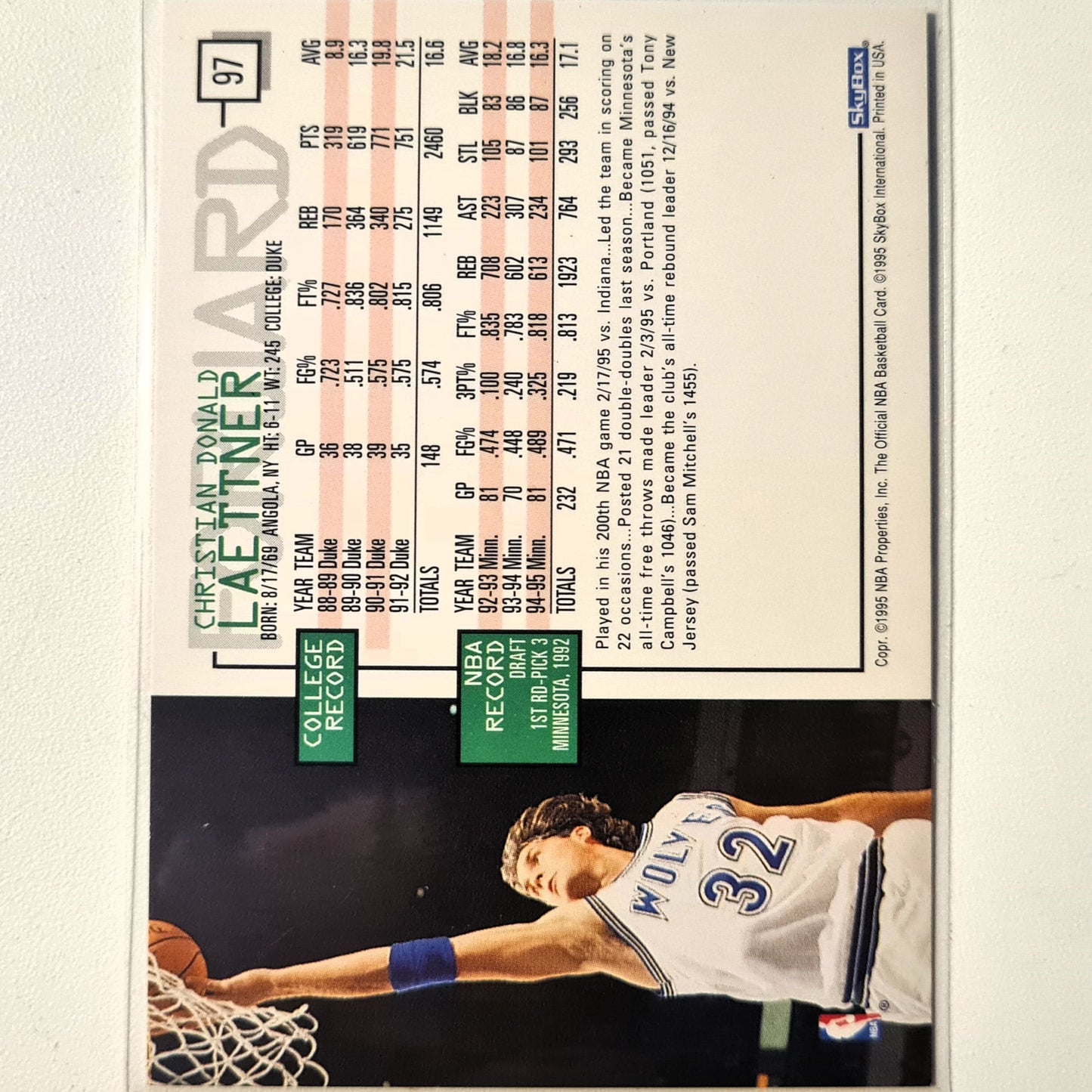 Christian Laettner 1995 Skybox NBA Hoops #97 NBA Basketball Minnesota Timberwolves very good sleeved