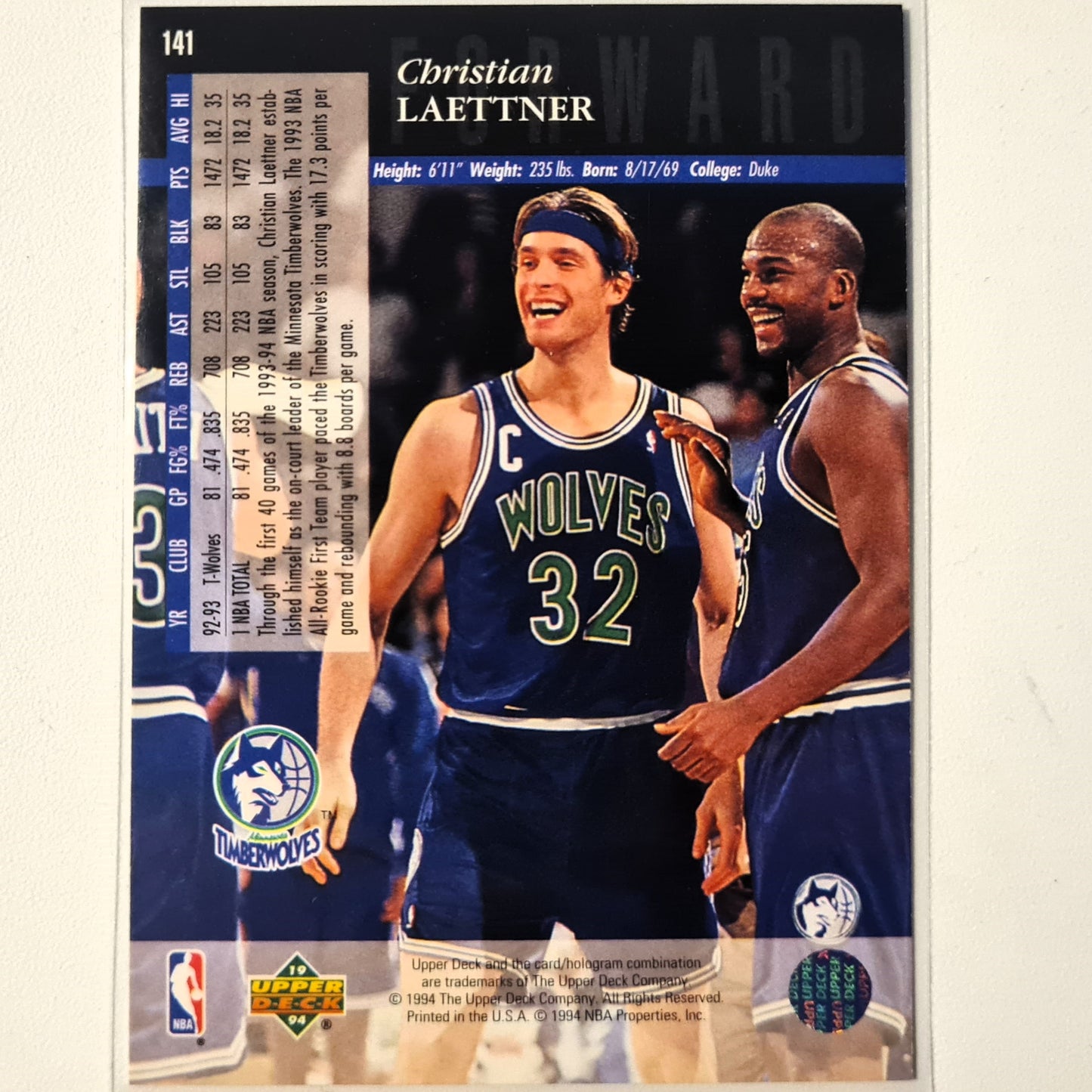 Christian Laettner 1994 Upper-Deck #141 NBA Basketball Minnesota Timberwolves very good sleeved