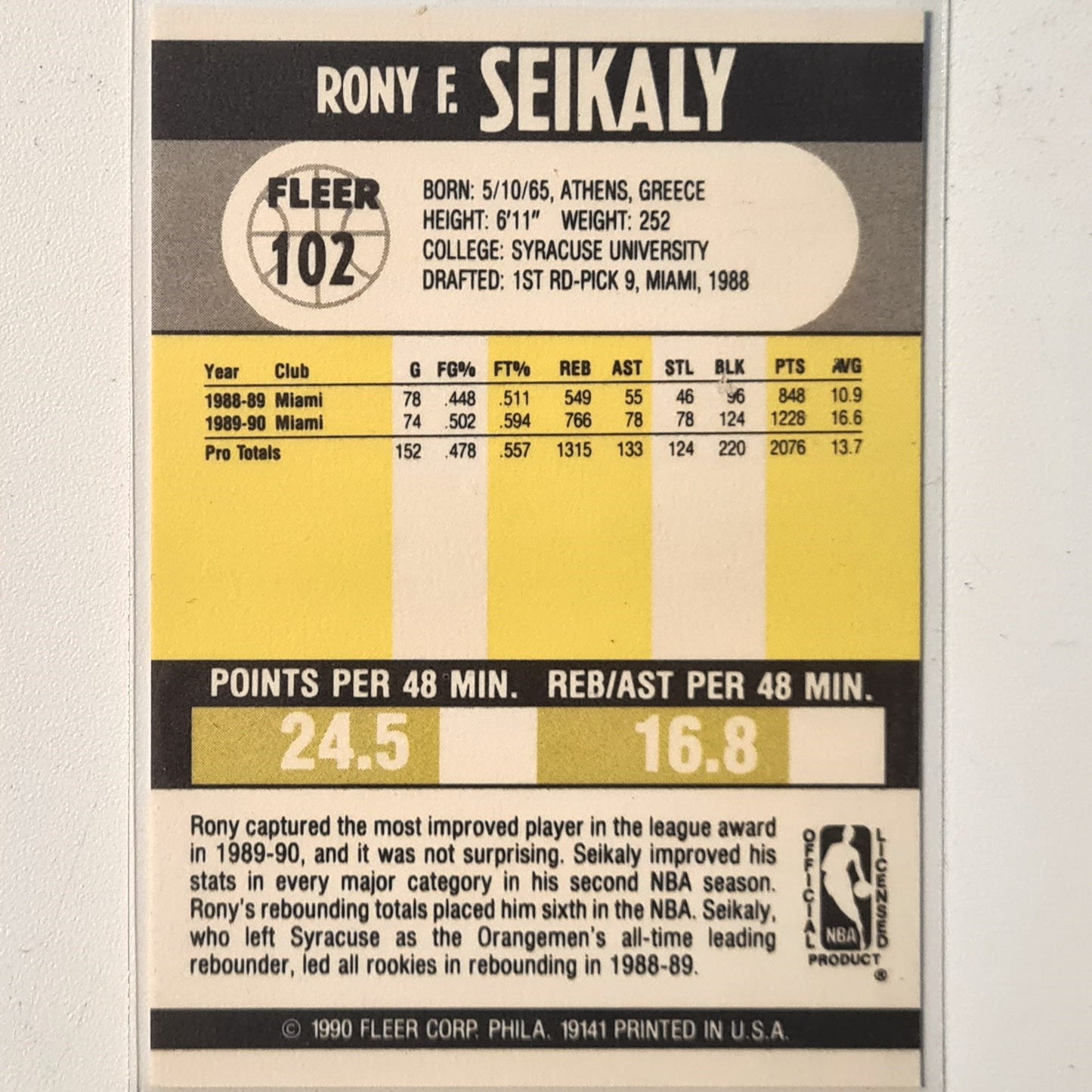 Ron Seikaly 1990 Fleer  #102 NBA Basketball Miami Heat Excellent/mint Sleeved