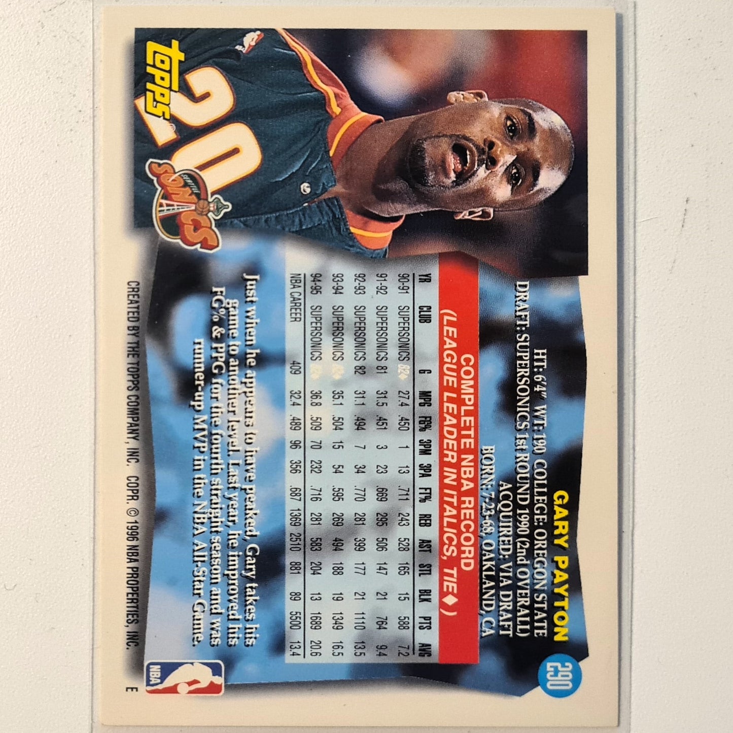 Gary Payton 1996 Topps #290 NBA Basketball Seattle Super Sonics excellent Sleeved