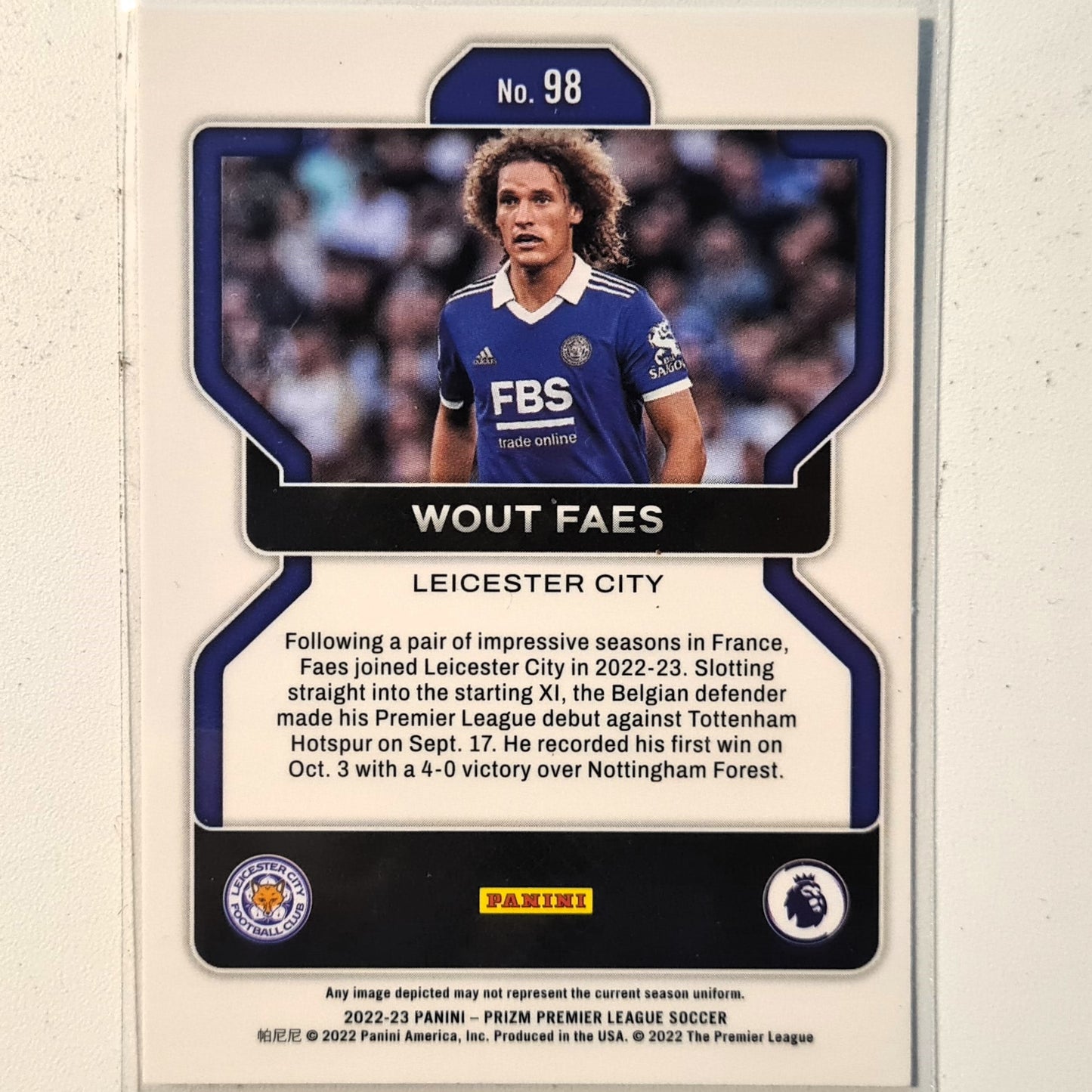 Wout Faes 2022-23 Panini Prizm Premier league Rookie RC #98 Soccer Football Leicester City Excellent/mint  Sleeved