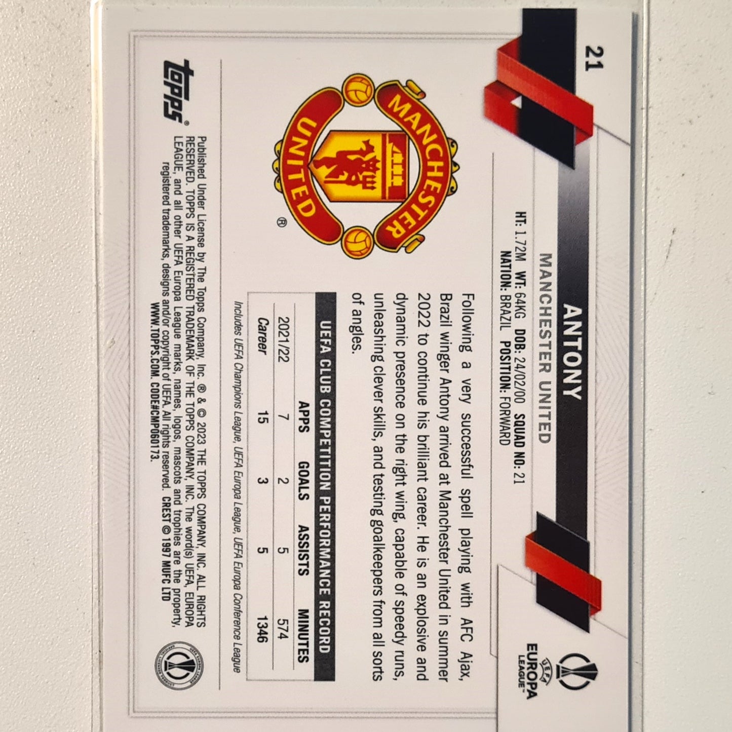 Antony 2023 Topps Europa League #21 Soccer football Manchester United Mint sleeved