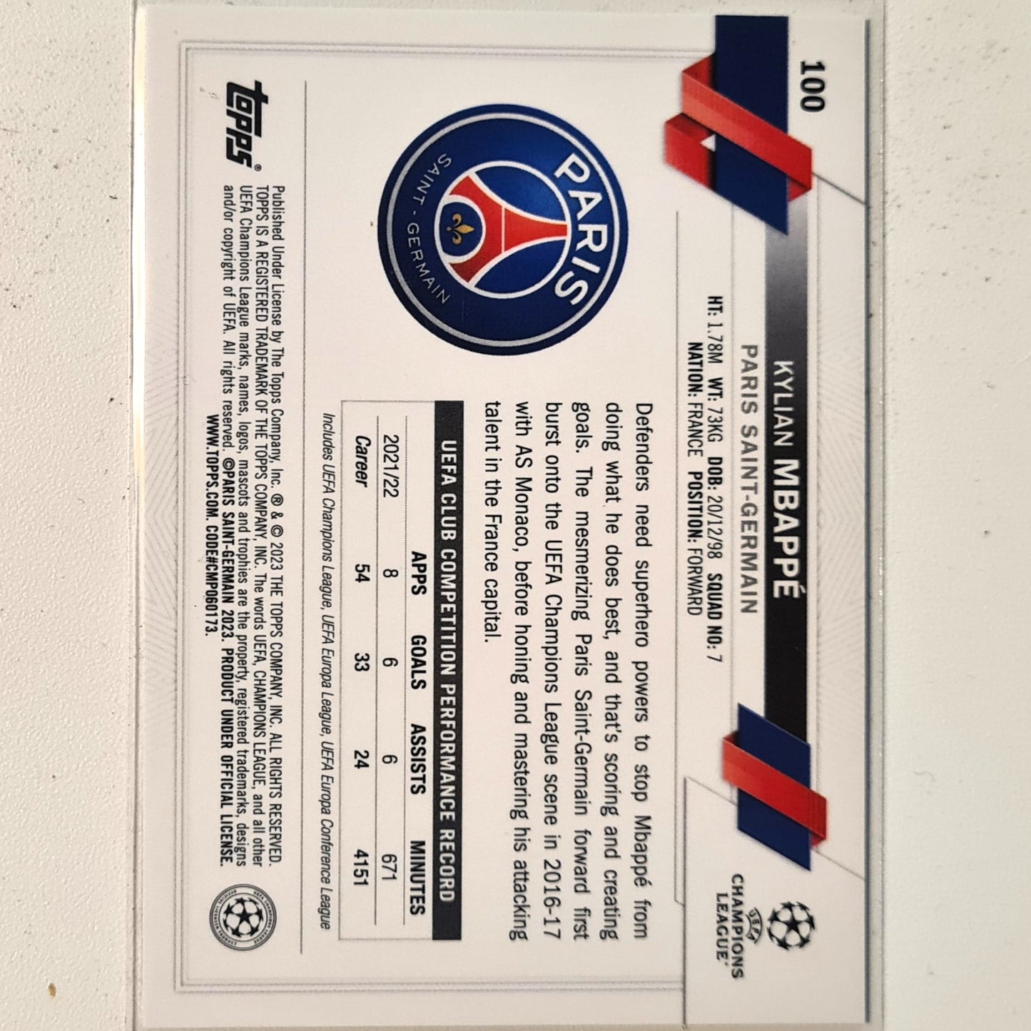 Kylian Mbappe 2023 Topps Chrome Champions League #100 Soccer football Paris Saint-Germain Mint sleeved