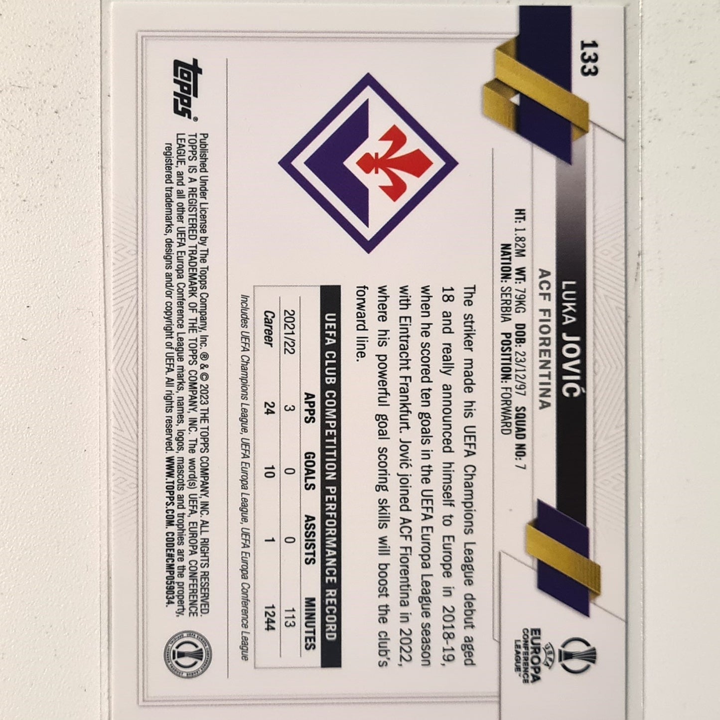 Luka Jovic 2023 Topps Europa League #133 Soccer football Fiorentina Mint sleeved